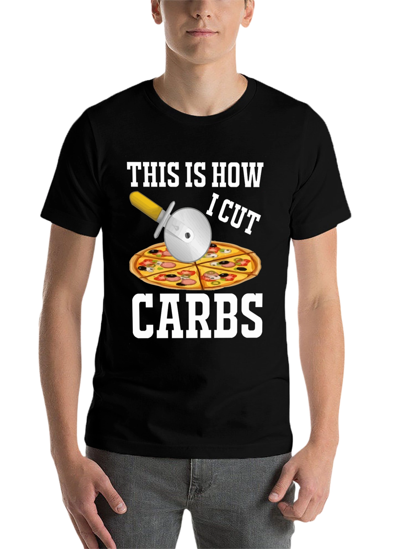 Black Funny Pizza Cutter "Carbs" T-Shirt view 7
