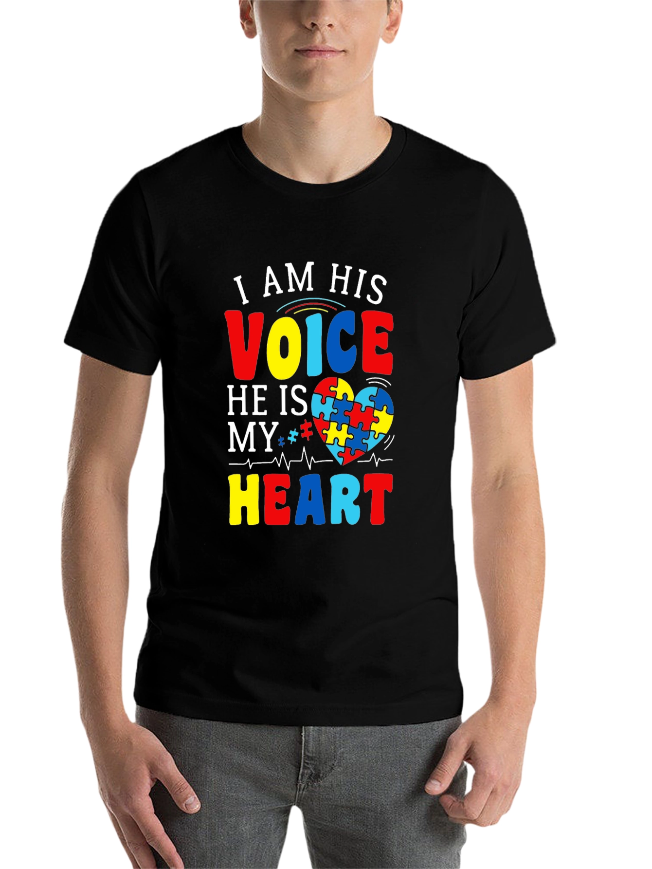 Black Autism Awareness T-Shirt - I am His Voice, He is My Heart view 7