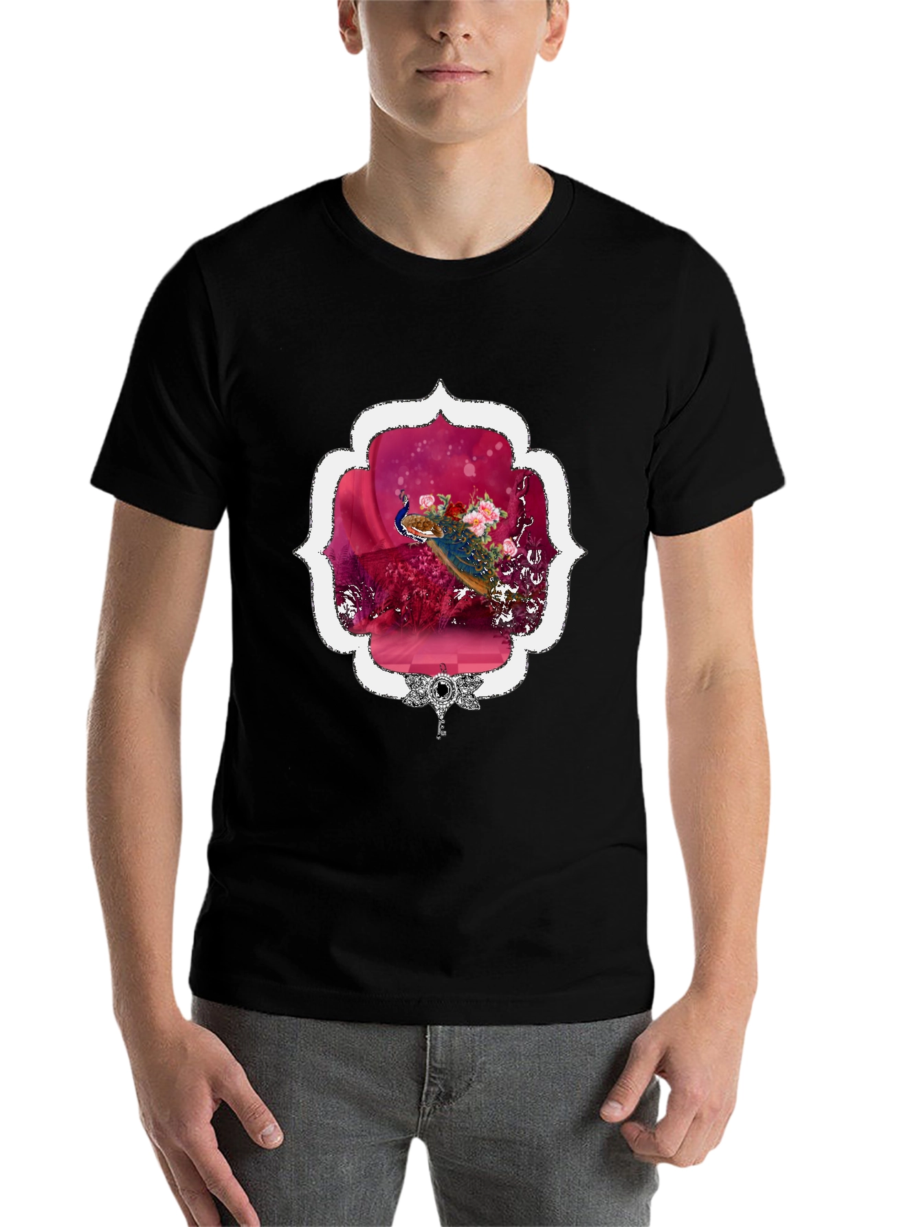 Black Floral Peacock Graphic Tee - Stylish & Unique view 7