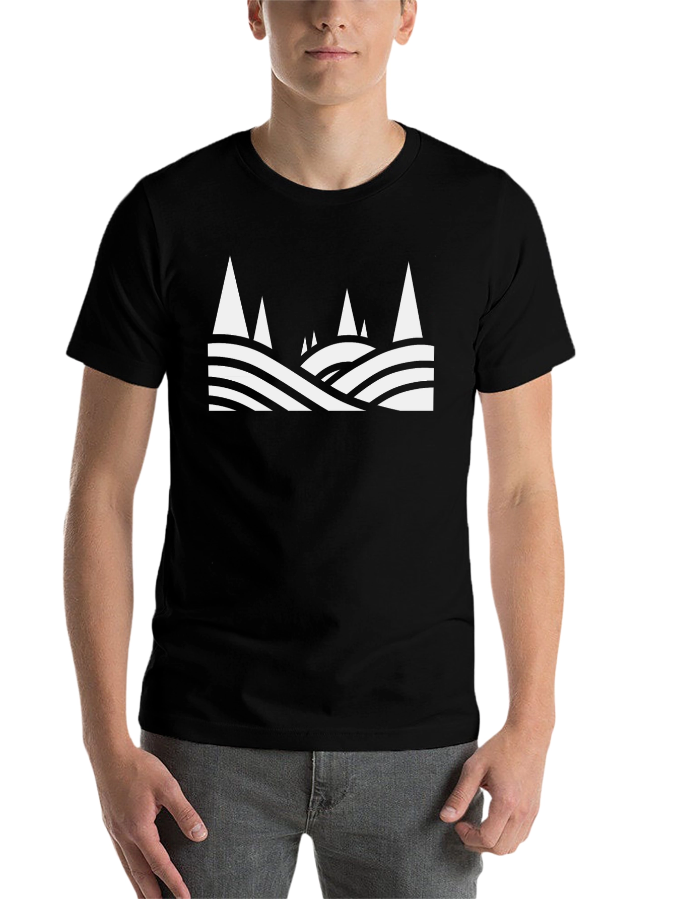 Black Abstract Mountain Scene Graphic Tee - Black Cotton T-Shirt view 7