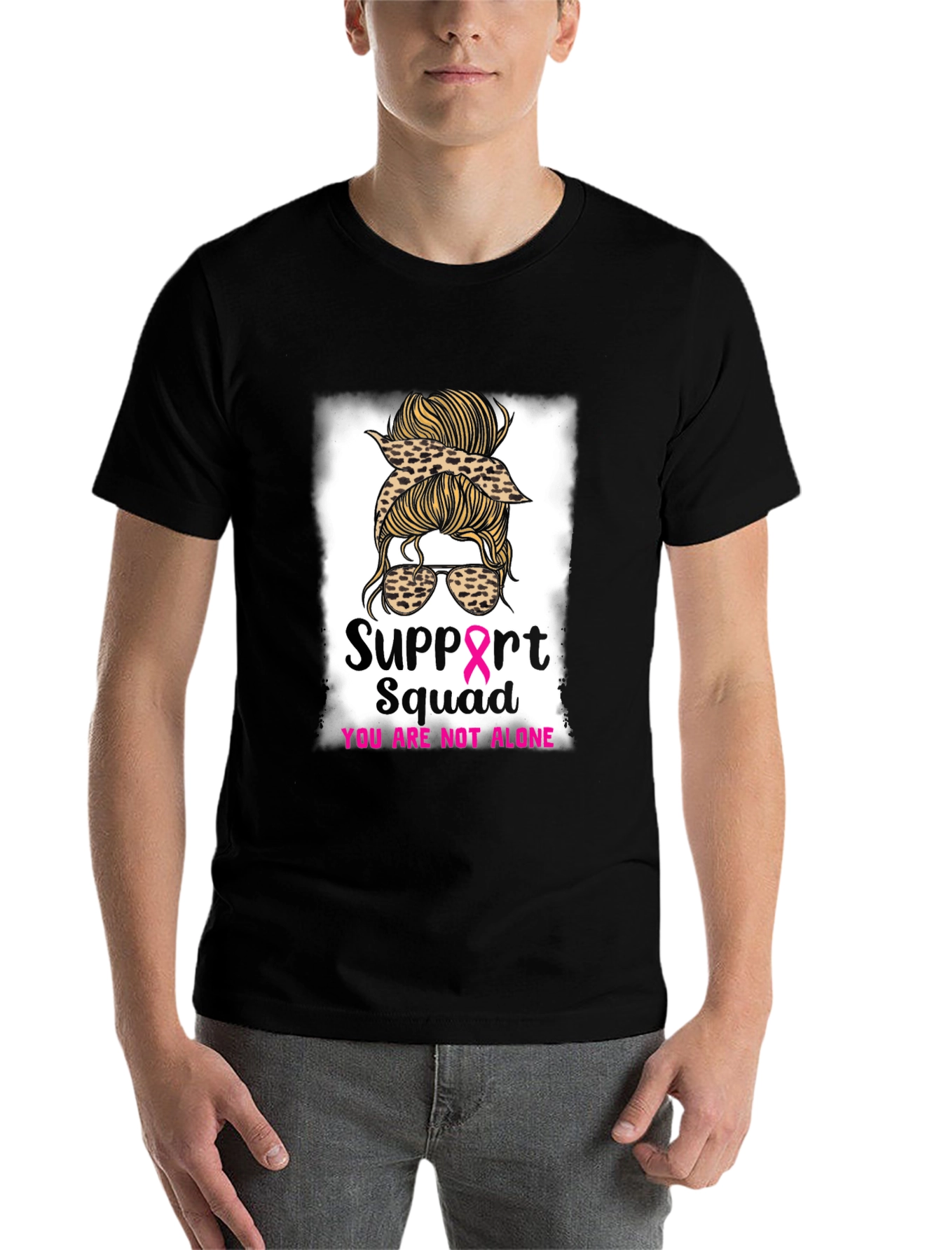 Black Support Squad Messy Bun Breast Cancer Awareness T-Shirt view 7