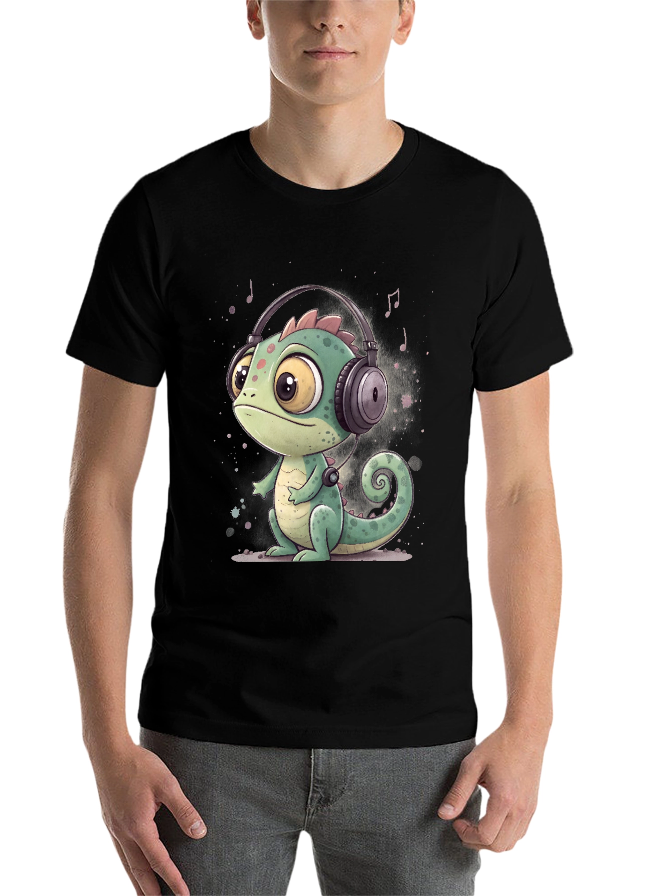Black Cartoon Chameleon T-Shirt with Headphones view 7