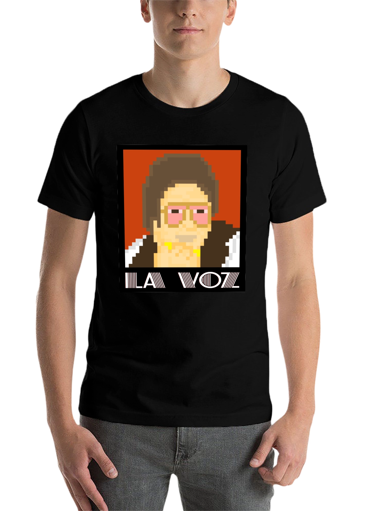 Black Retro Pixel Art T-Shirt: LA VOZZ view 7
