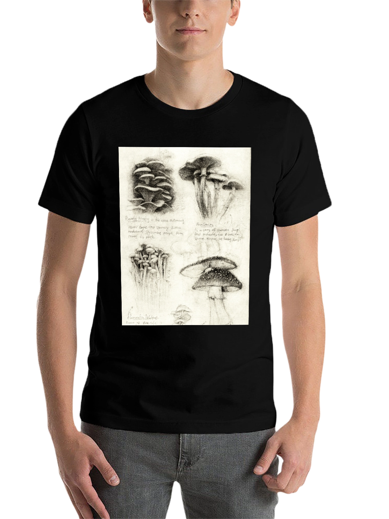 Black Mushroom Sketch Art T-Shirt - Nature Inspired Tee view 7