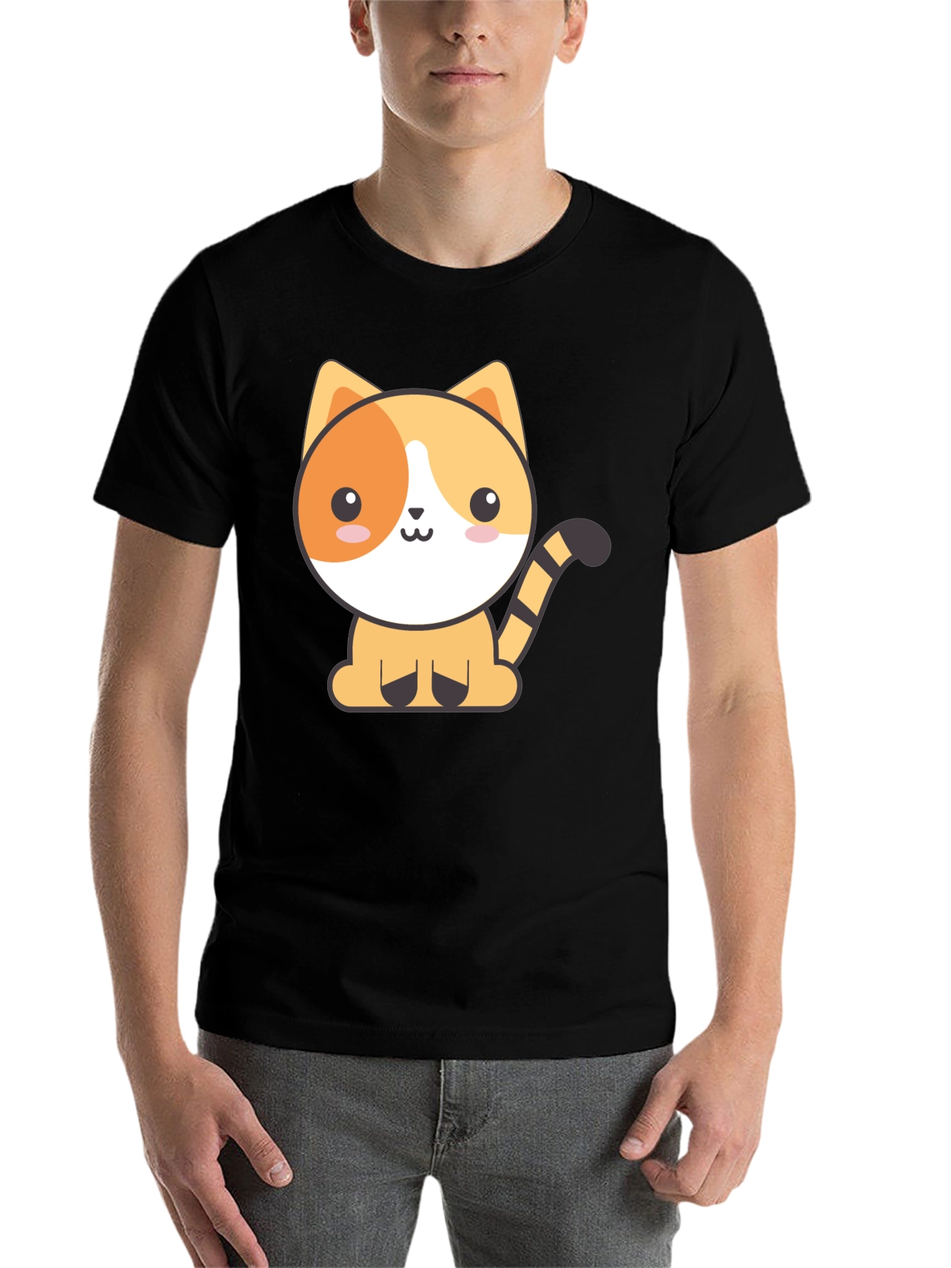 Black Cute Cartoon Cat Black T-Shirt view 7