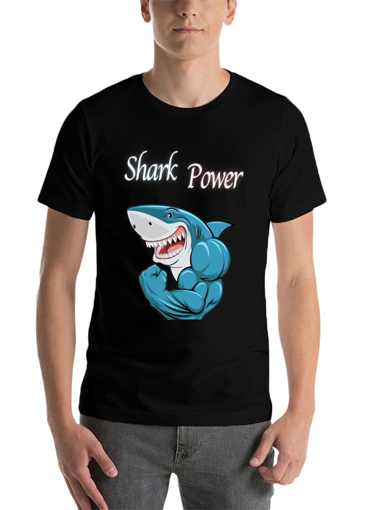 Black Shark Power Black T-Shirt - Muscular Cartoon Shark Design view 7