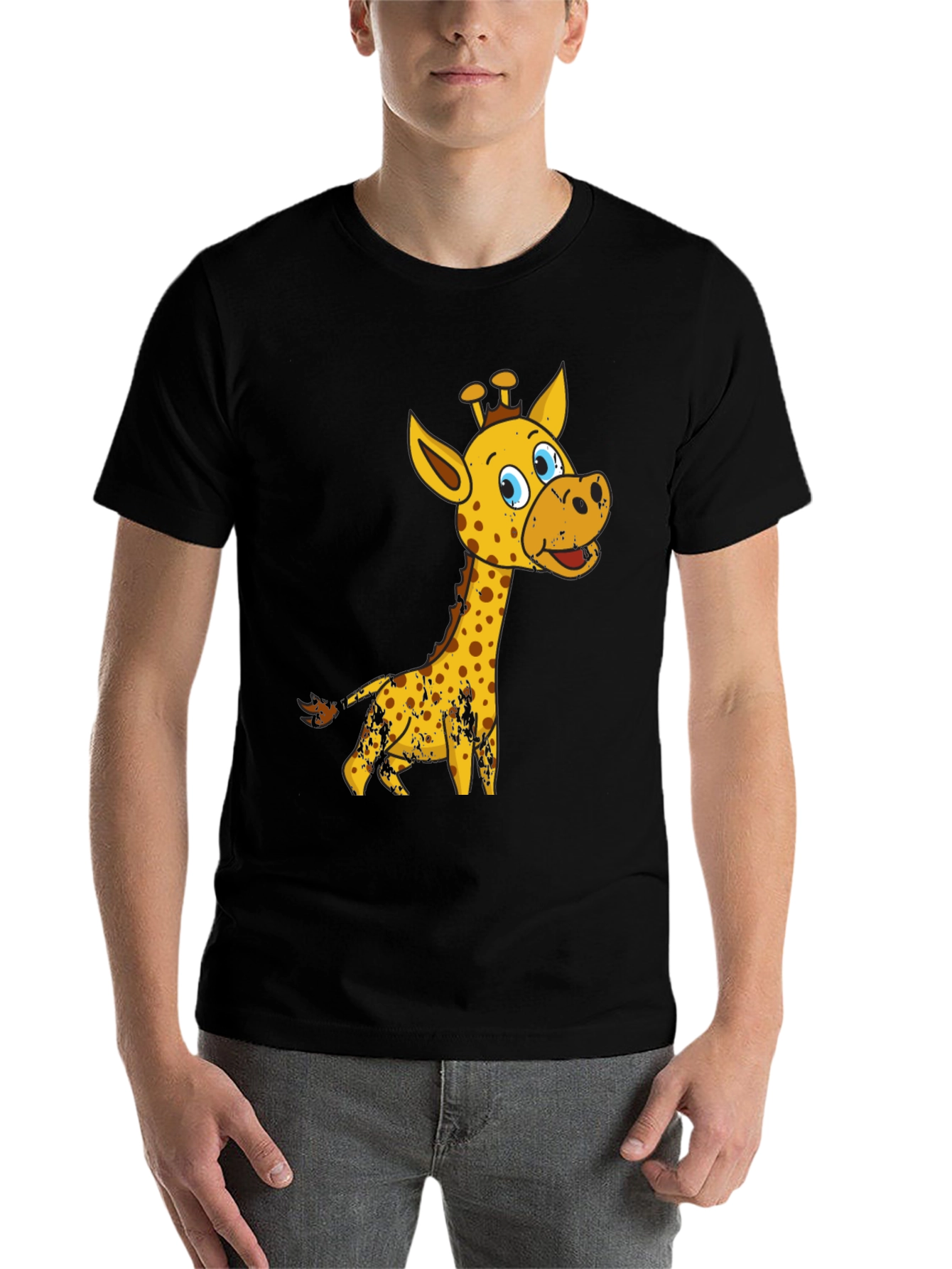 Black Giraffe Cartoon Graphic Tee - Black Cotton Shirt view 7