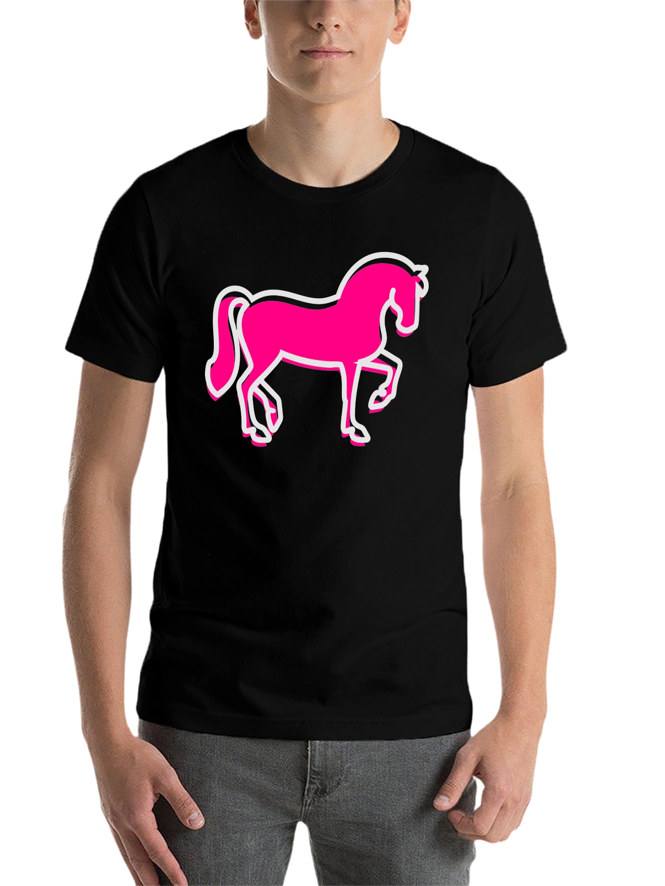 Black Pink Horse Graphic Black T-Shirt - Men's Fashion view 7
