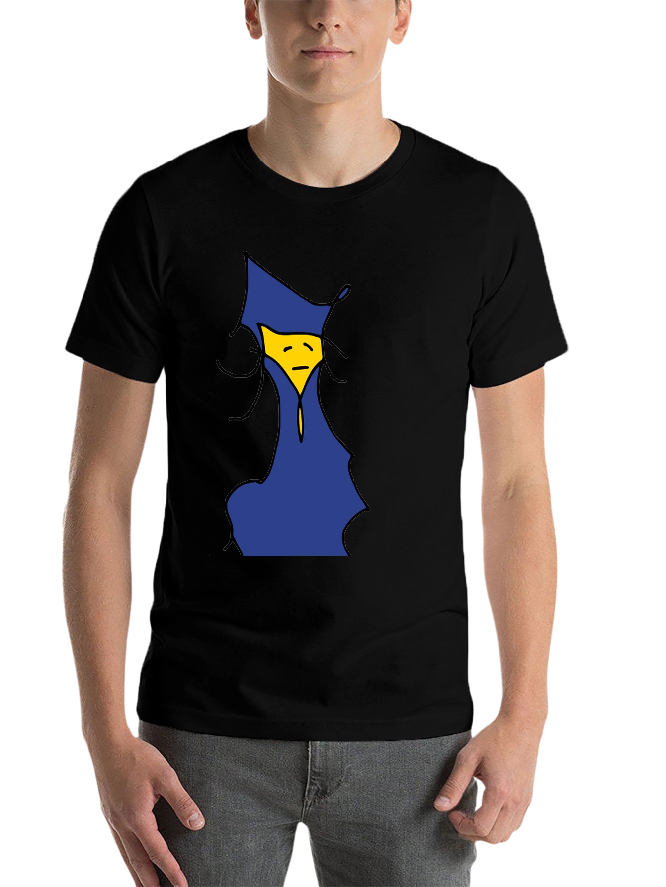 Black Cartoon Sad Face Graphic Tee - Unisex Black T-Shirt view 7