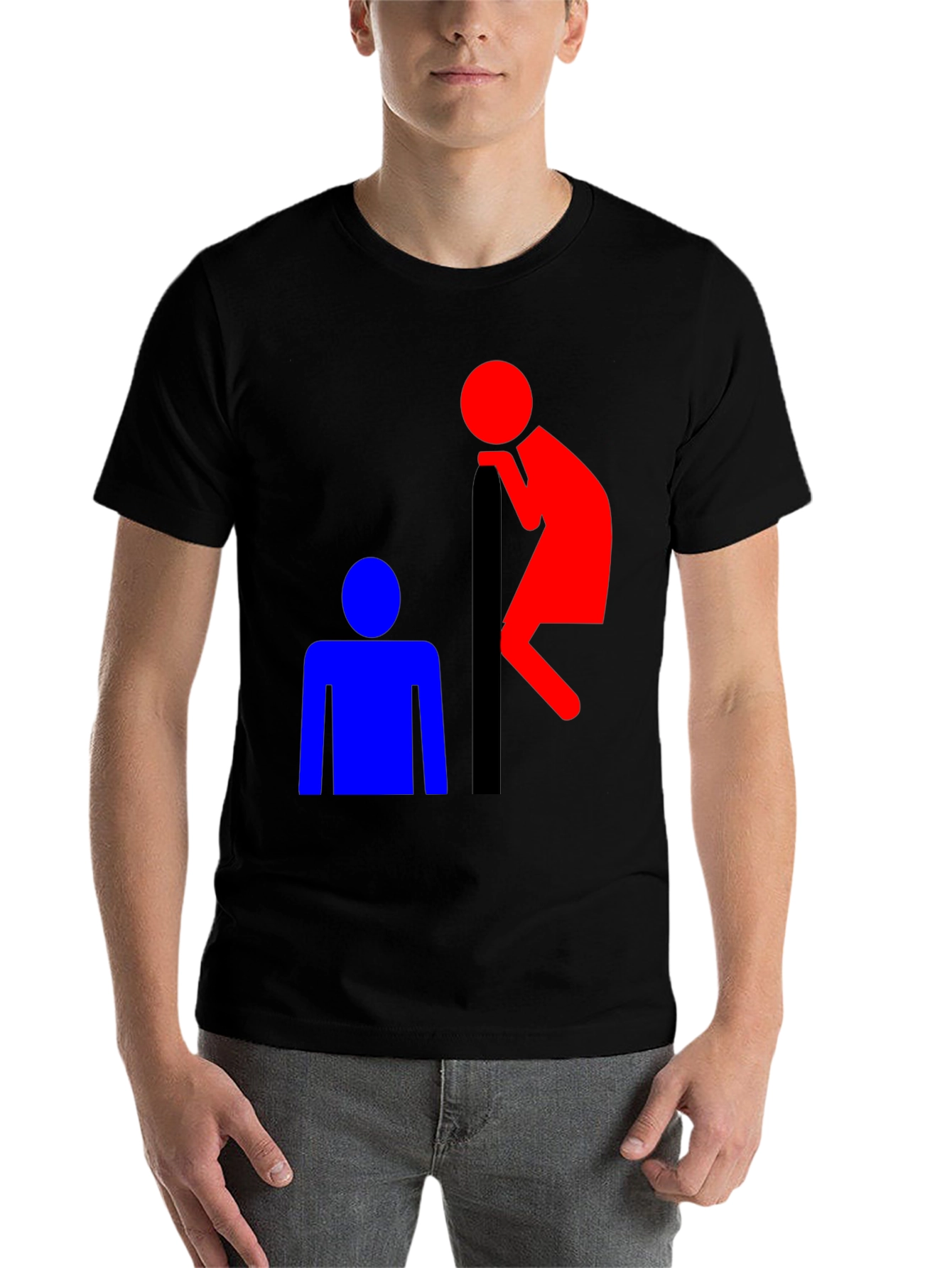 Black Funny T-Shirt: Red Peeping Tom and Blue Figure view 7