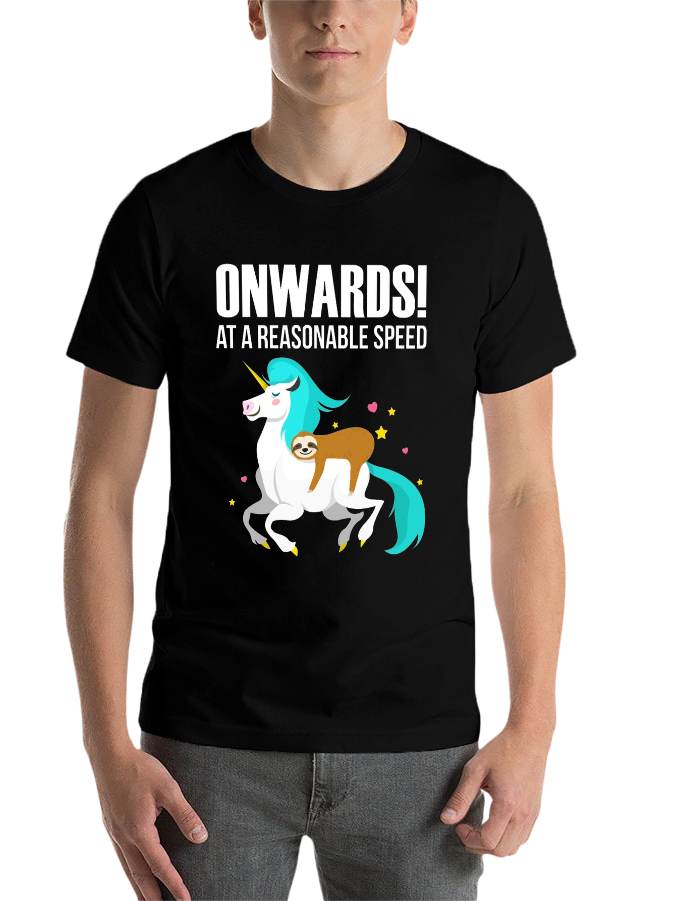 Black Onwards! Sloth Riding Unicorn Graphic Tee view 7