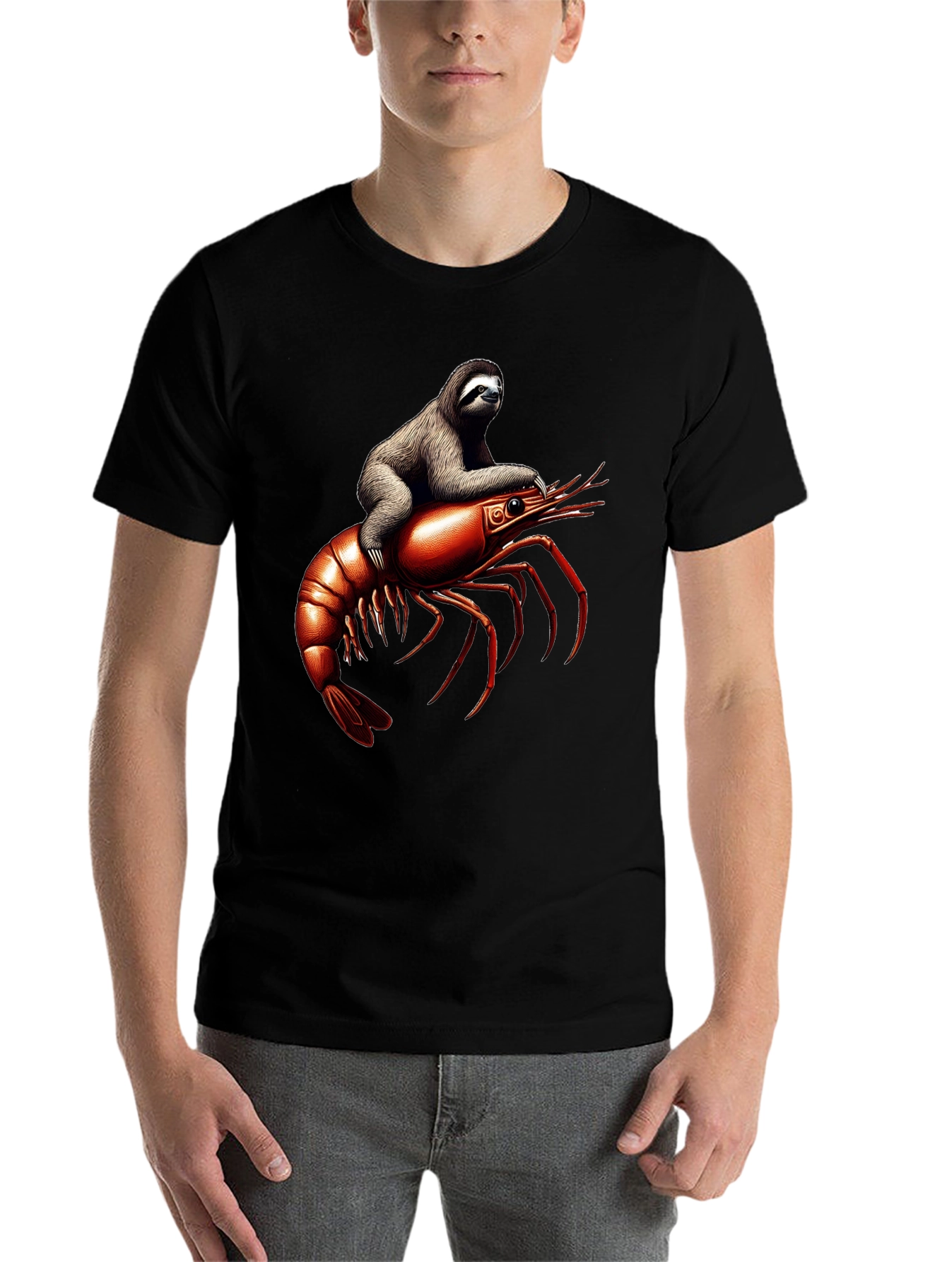 Black Sloth Riding Shrimp T-Shirt view 7