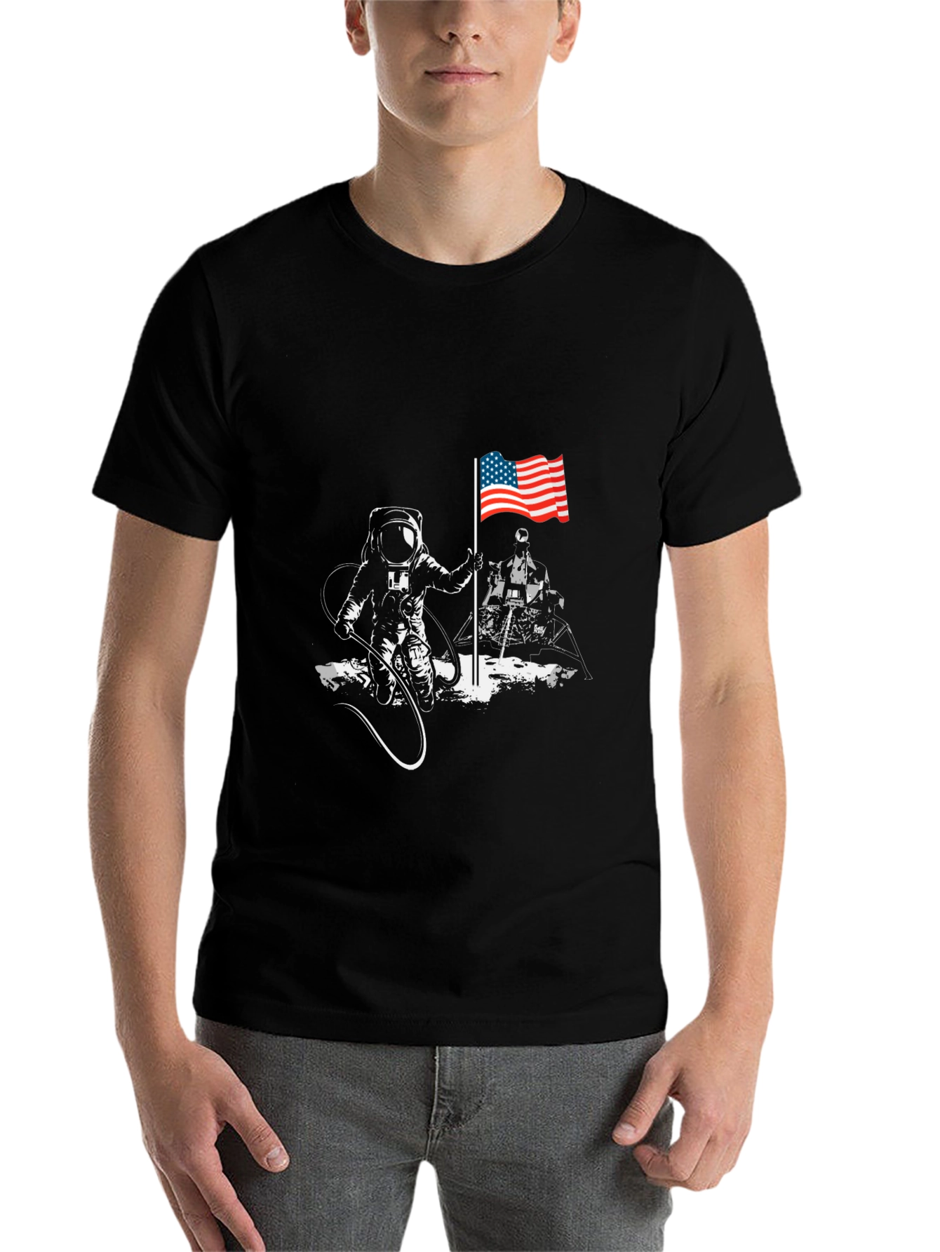 Black Astronaut American Flag T-Shirt - Space Exploration Tee view 7