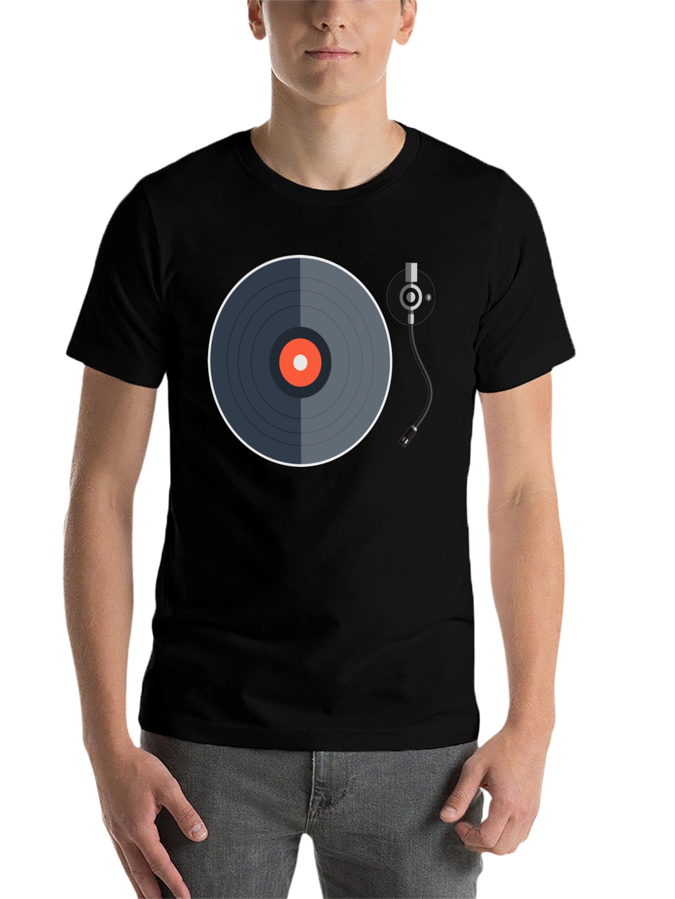 Black Retro Vinyl Record Graphic Tee - Black Cotton Blend view 7