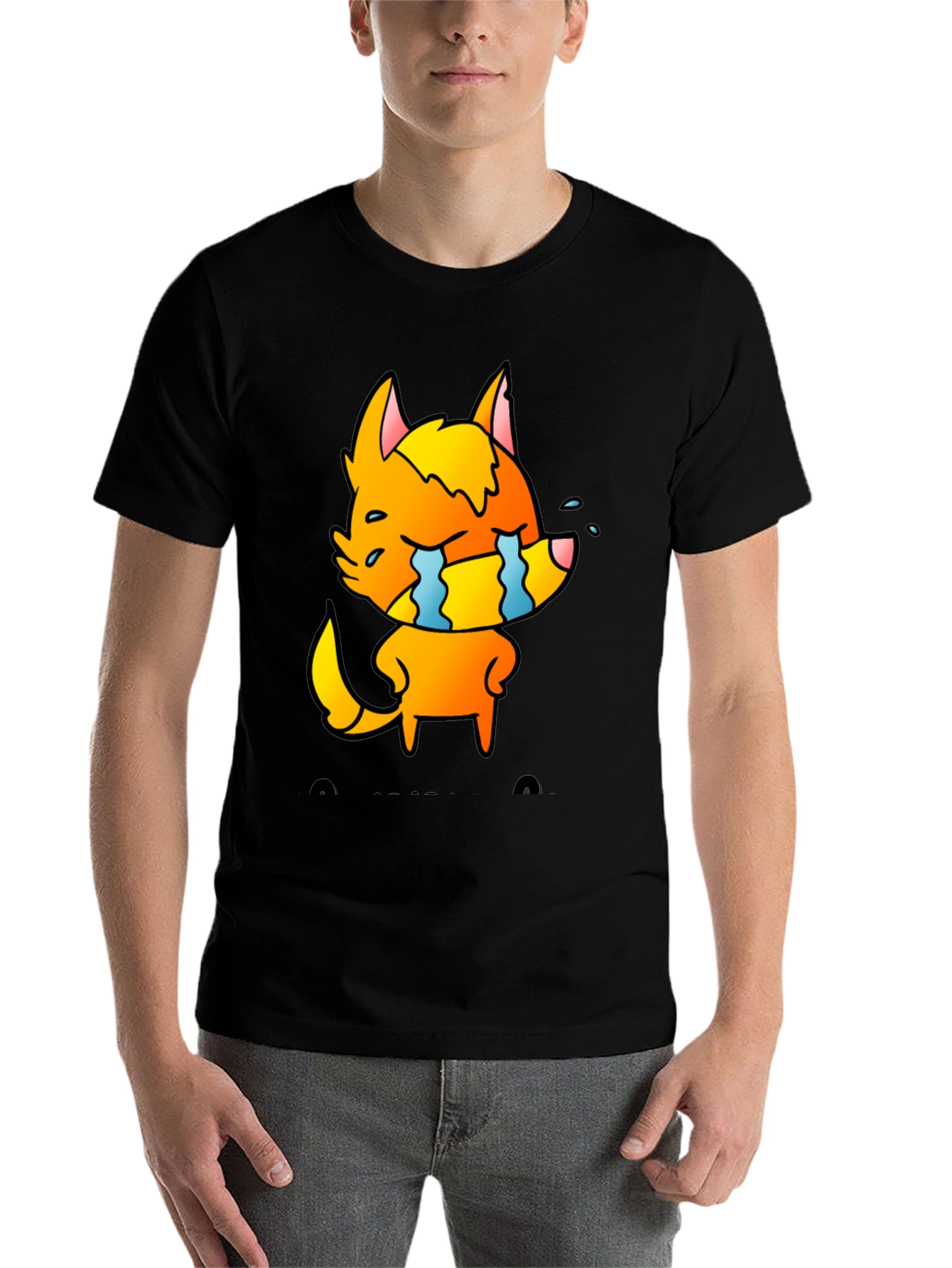 Black Cartoon Crying Fox Graphic Tee - Black view 7