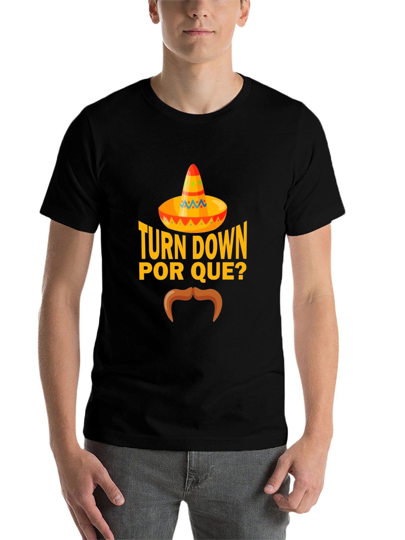 Black Turn Down Por Que? Funny Graphic T-Shirt view 7