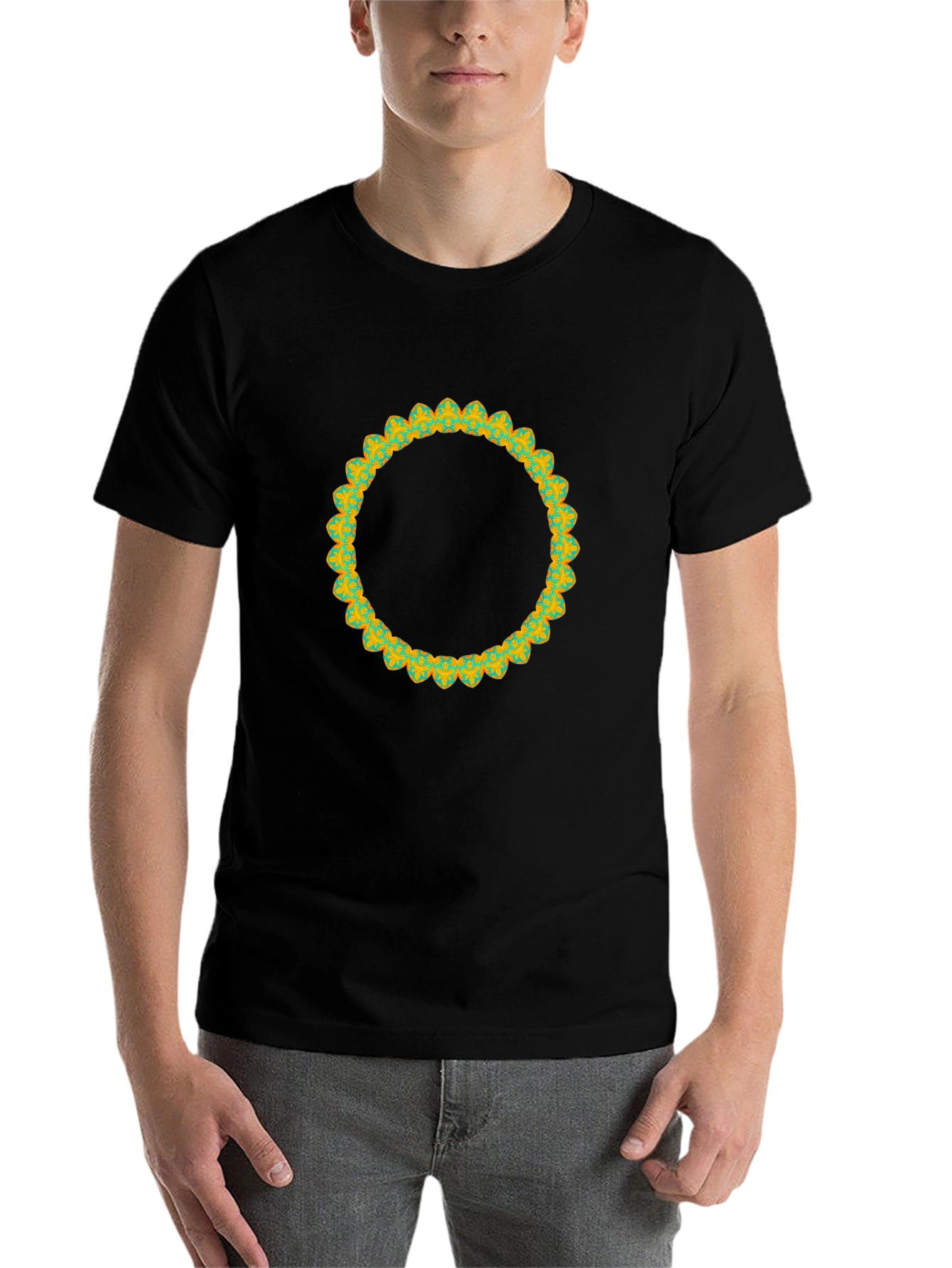 Black Men's Black T-Shirt with Decorative Circular Print view 7