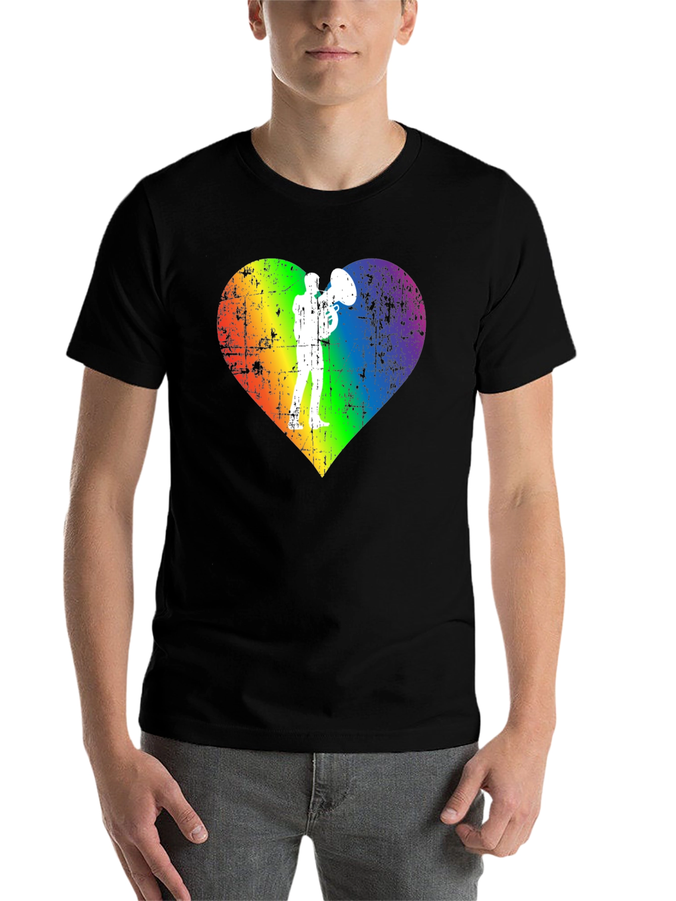 Black Rainbow Heart Tuba Player Black T-Shirt view 7