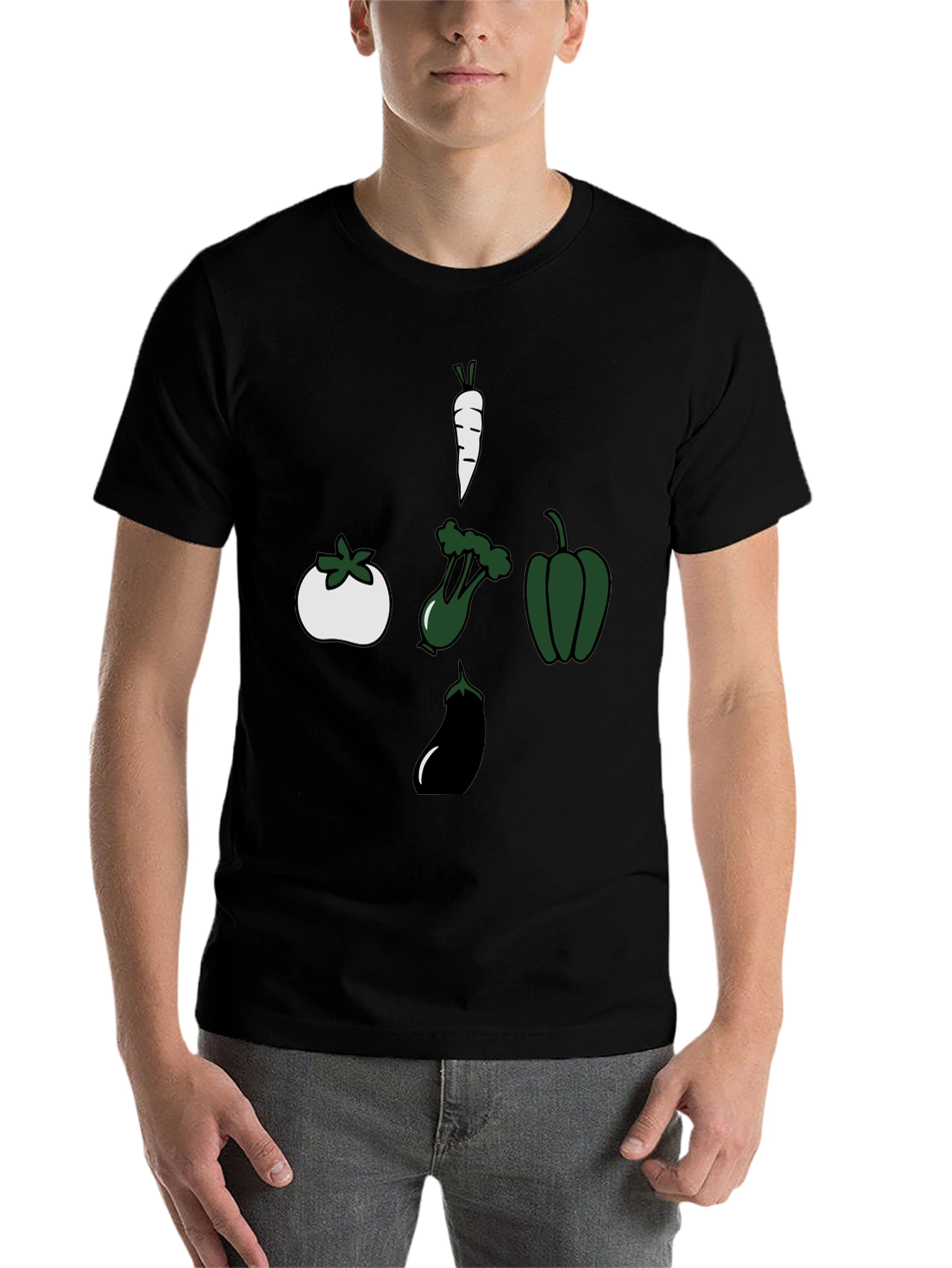 Black Veggie Cross T-Shirt: Carrot, Tomato, Eggplant, Pepper view 7