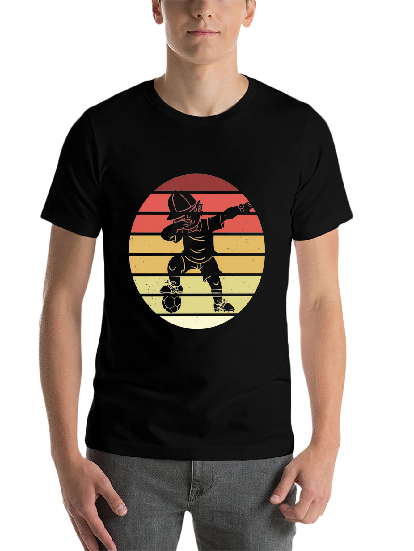 Black Soccer Dab T-Shirt - Retro Sunset Style view 7