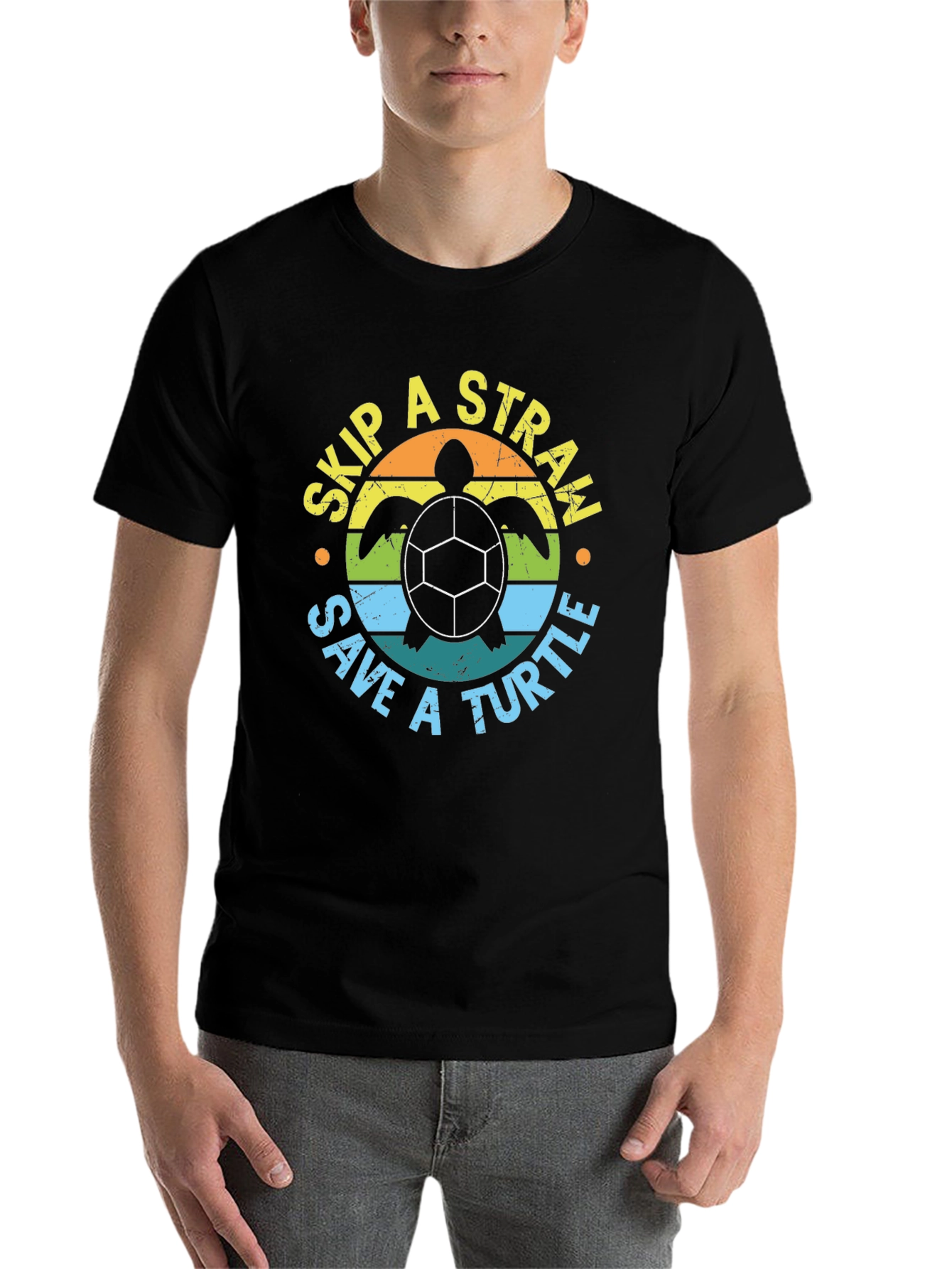 Black Skip a Straw Save a Turtle Graphic Tee view 7