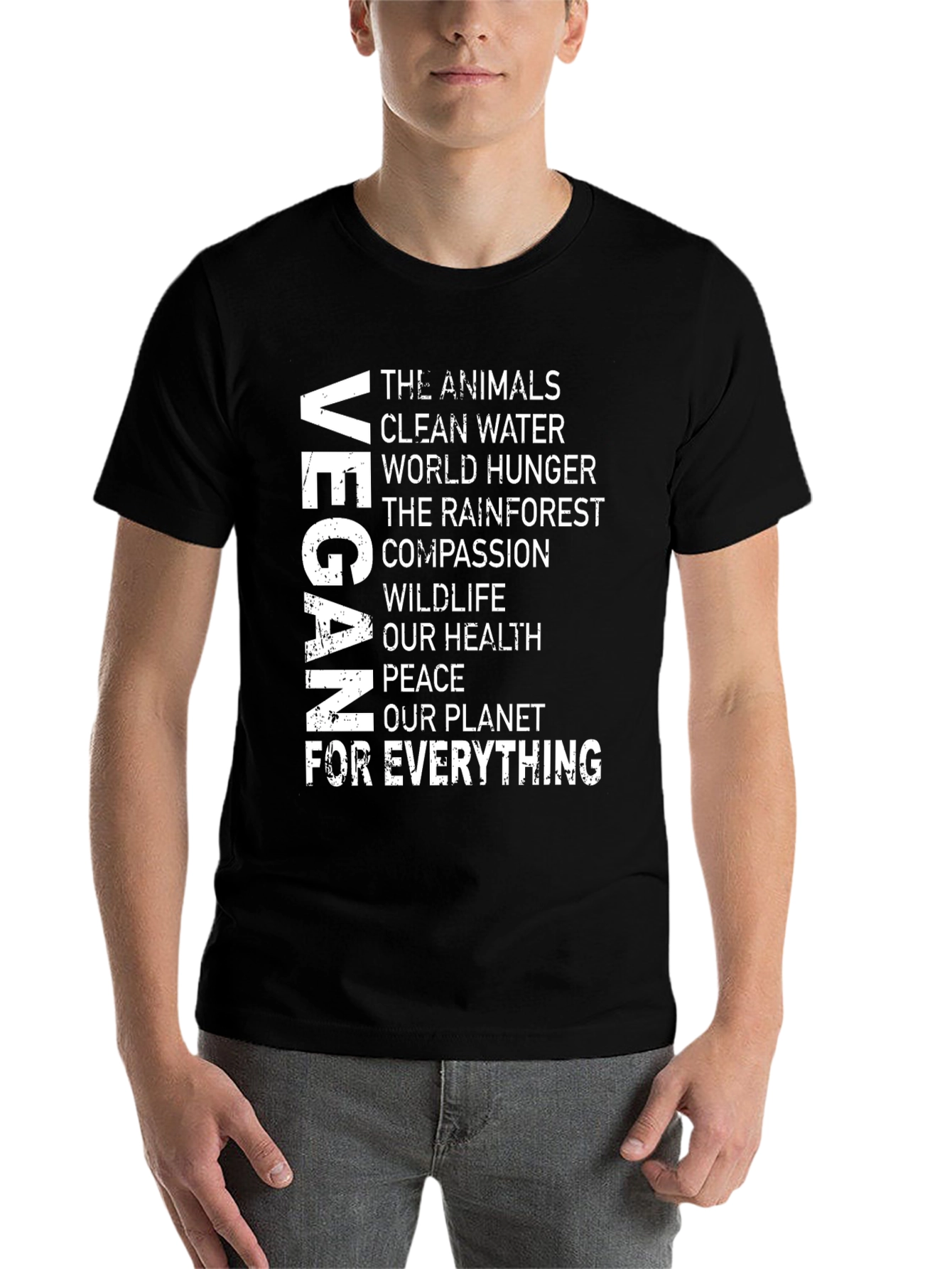 Black Vegan Message T-Shirt: Animals, Water, Hunger, Health, Peace, Planet view 7