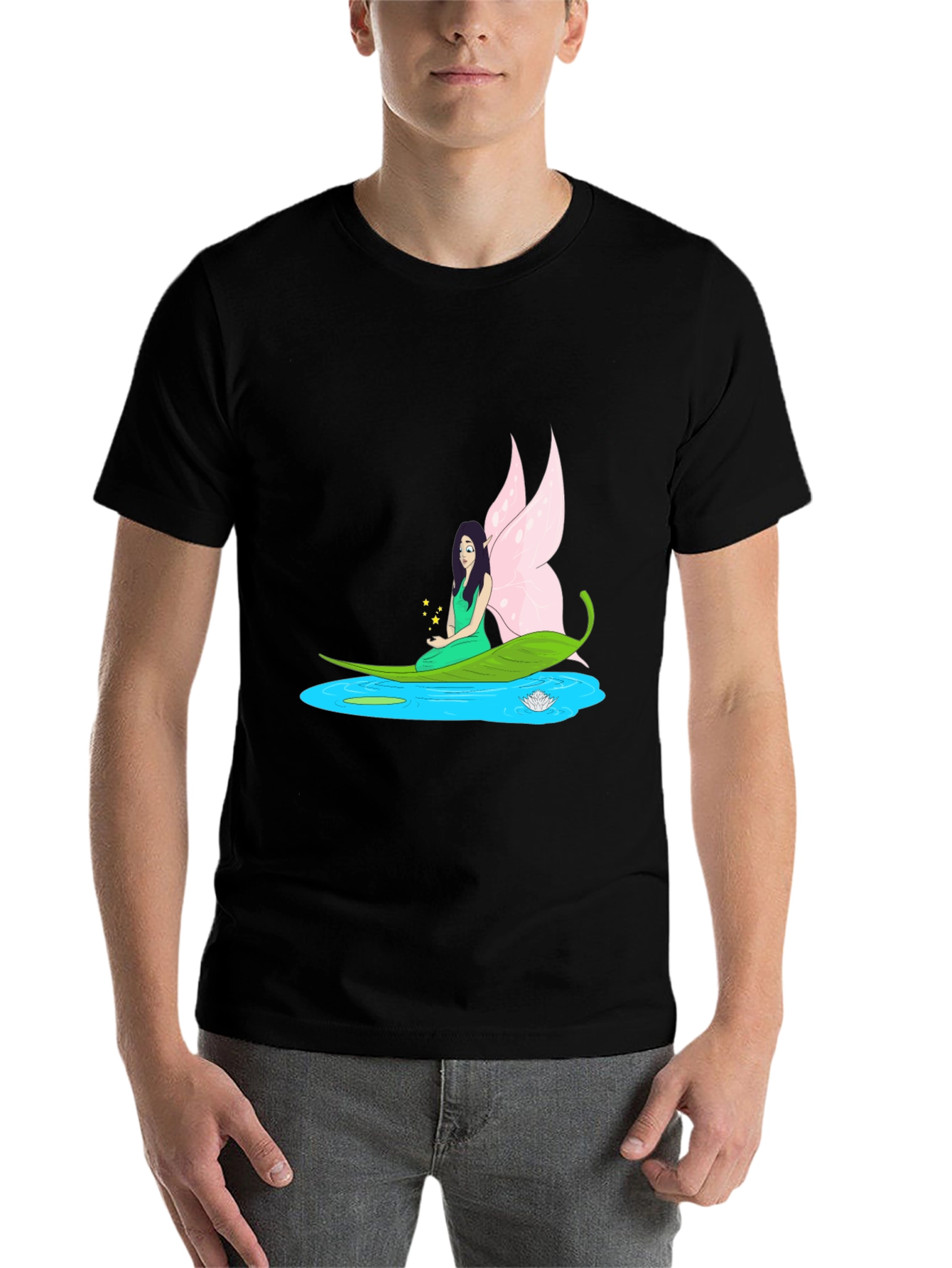 Black Fairy Water Lily Leaf Boat Black T-Shirt view 7