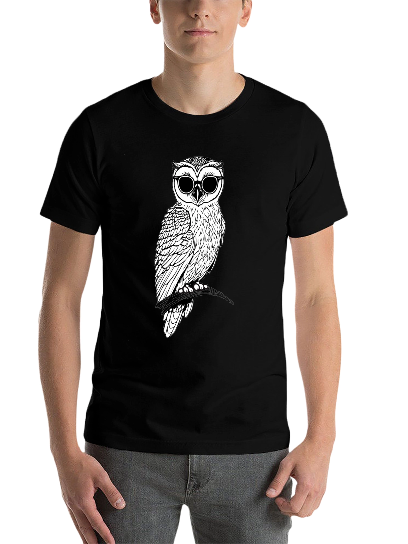Black Cool Owl Graphic Tee - Black Cotton T-Shirt view 7