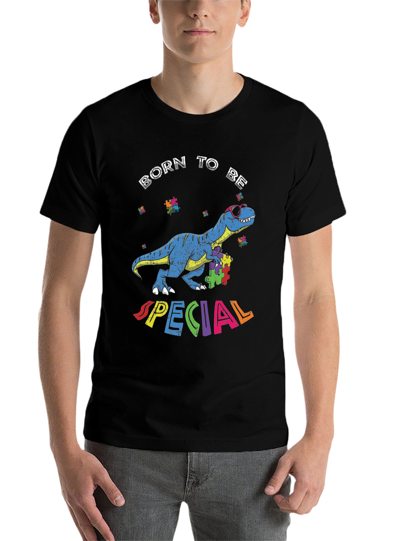Black Born to Be Special Autism Awareness Dinosaur T-Shirt view 7