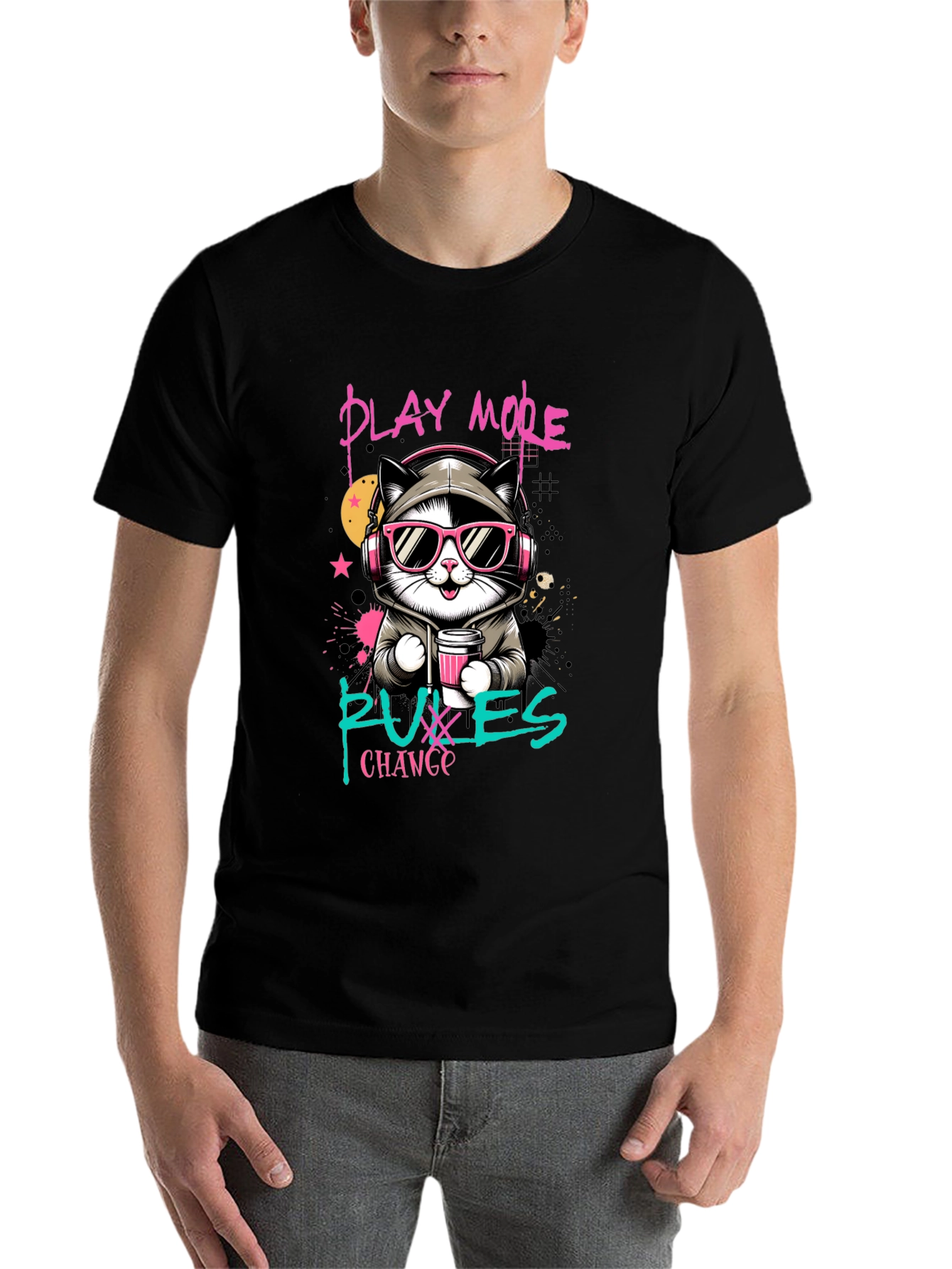Black Play More, Puxxes Change T-Shirt - Cool Cat Design view 7