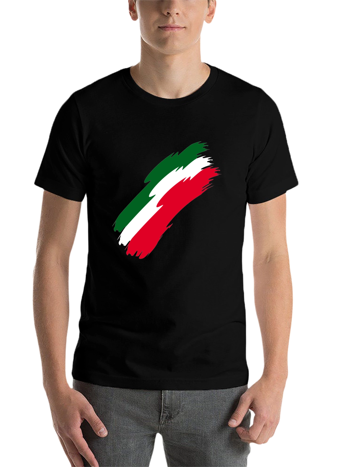 Black Italian Flag Brushstroke Men's Black T-Shirt view 7