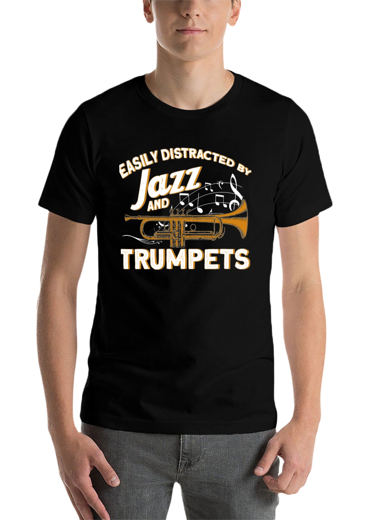 Black Easily Distracted by Jazz and Trumpets T-Shirt view 7