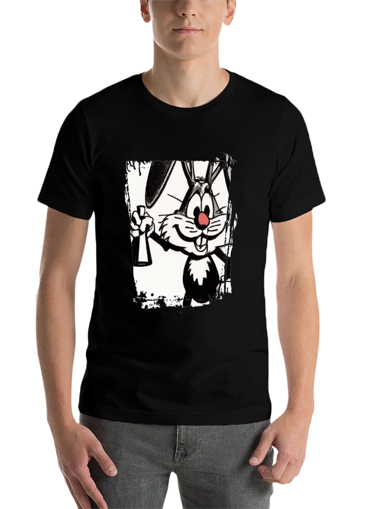 Black Cartoon Rabbit Graphic Black T-Shirt view 7