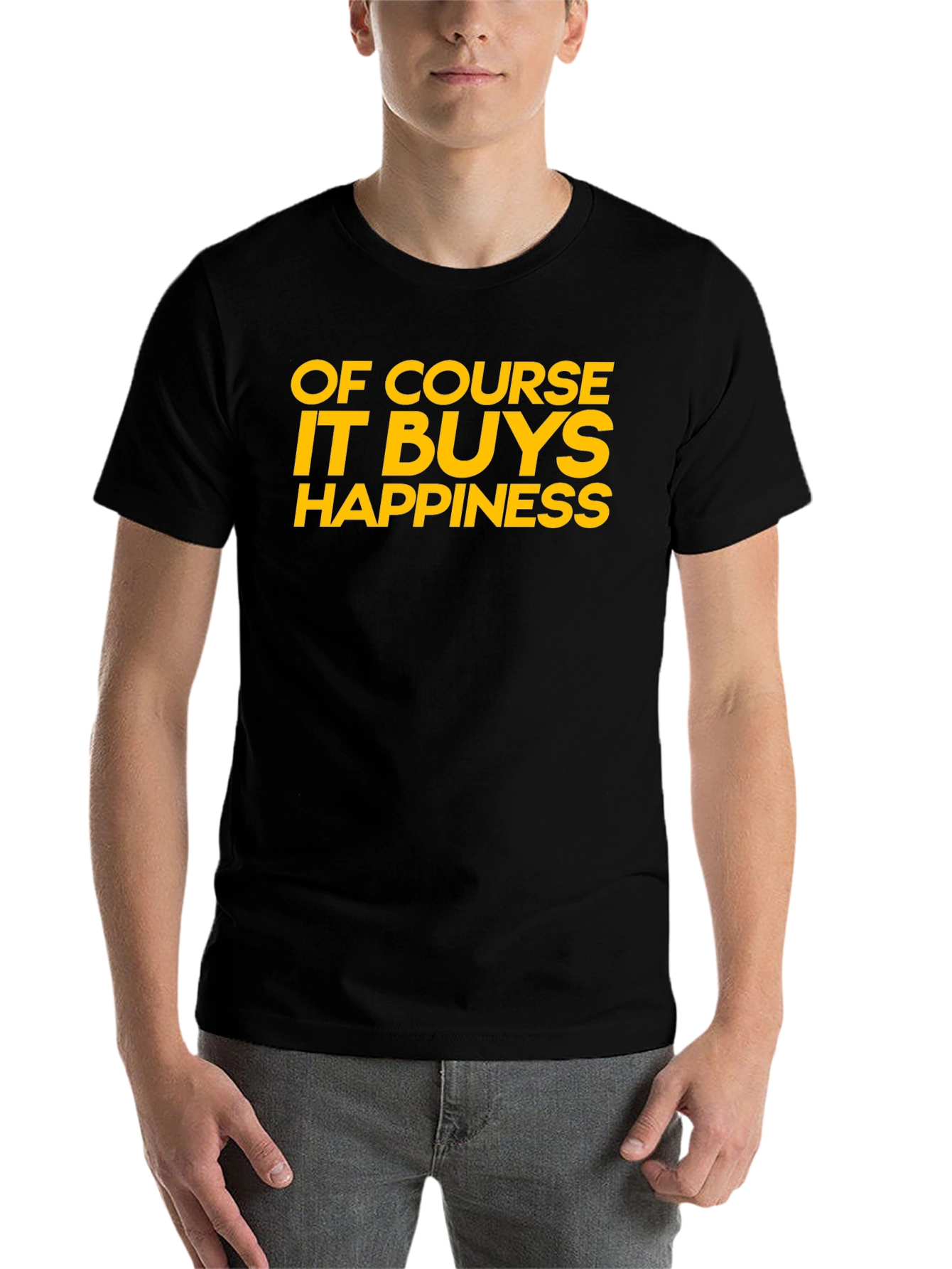 Black Funny "Of Course It Buys Happiness" Graphic T-Shirt view 7