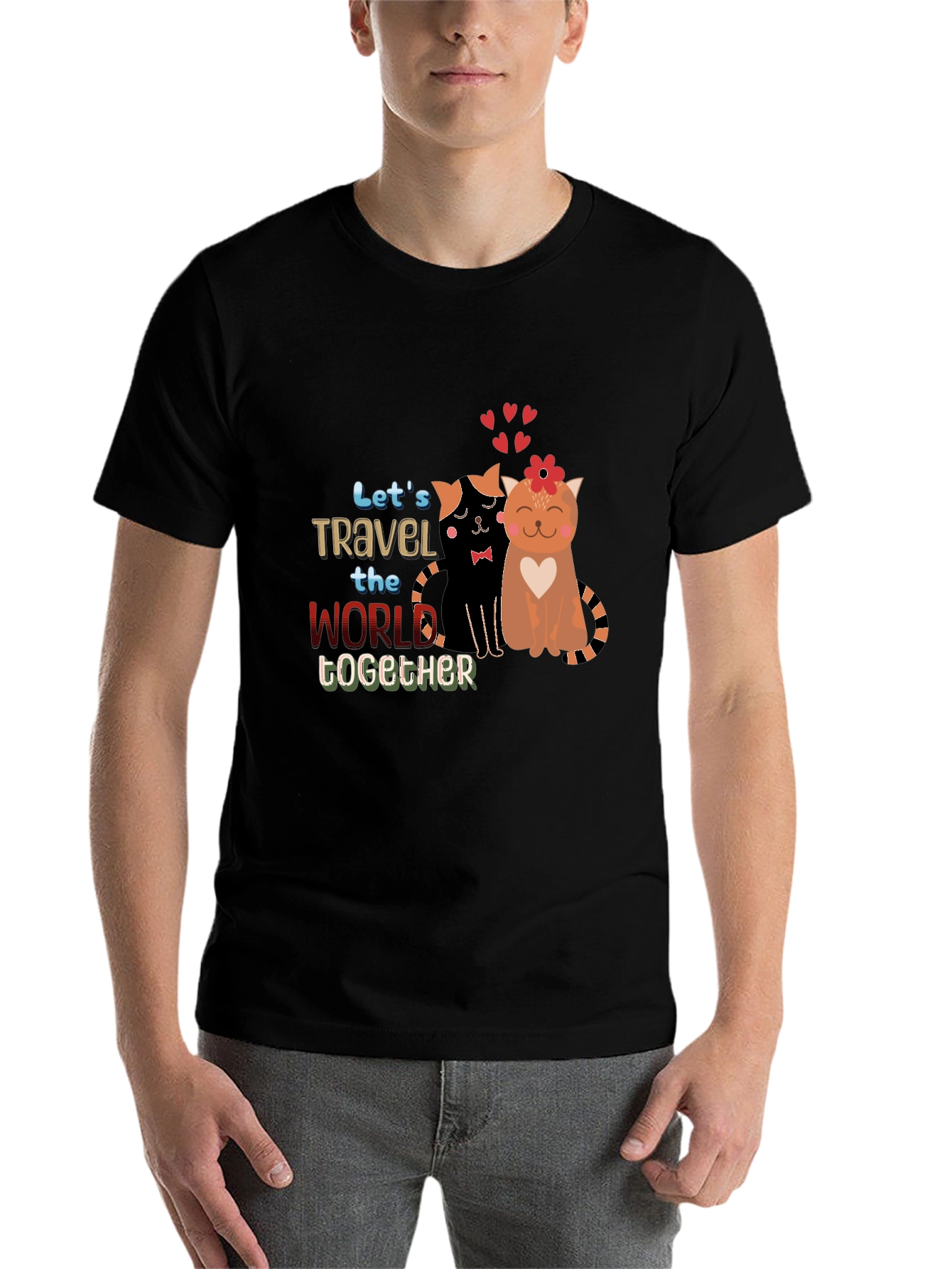 Black Cute Couple Cats Travel Together Graphic Black T-Shirt view 7