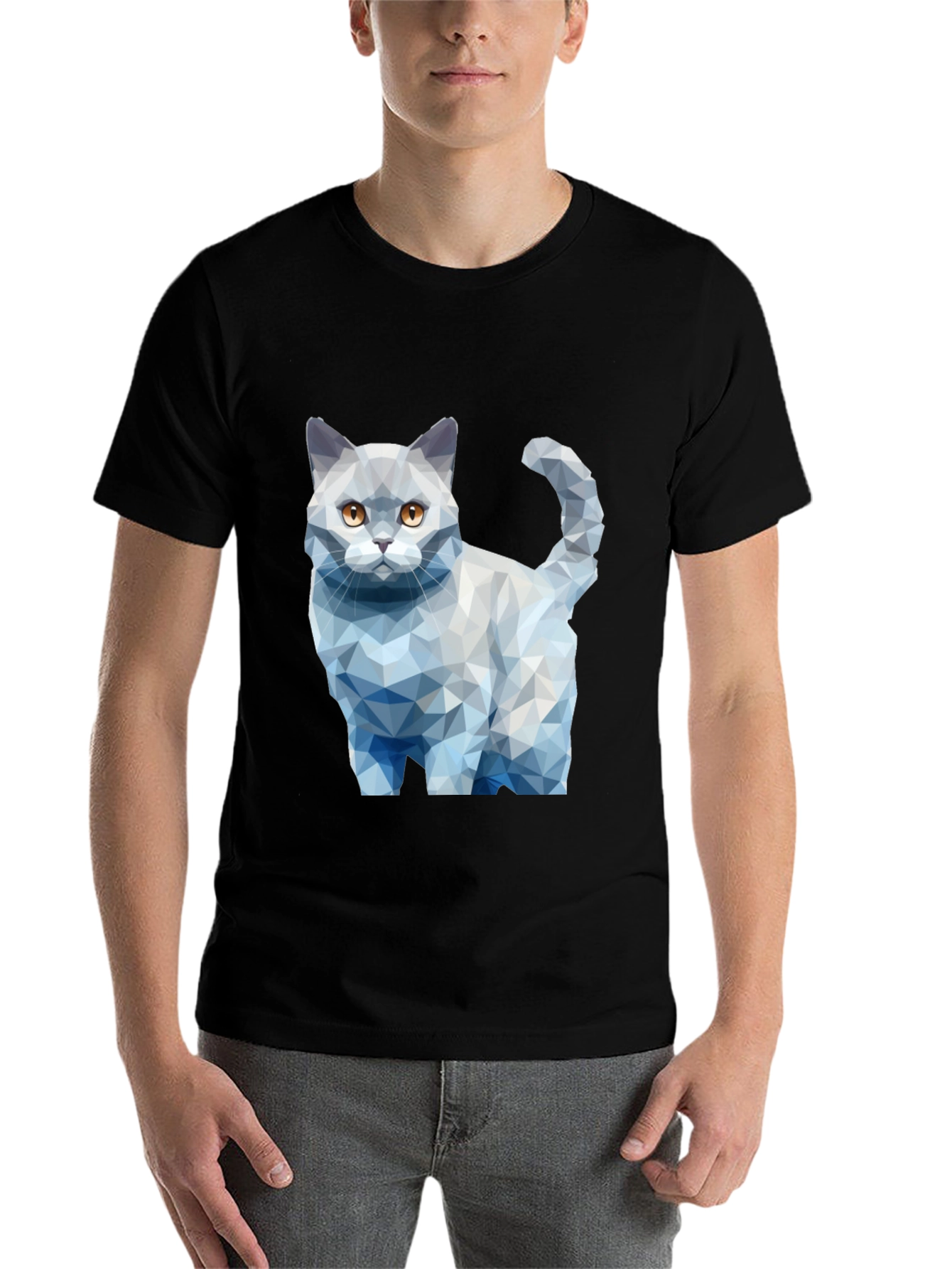 Black Geometric Cat Print Black T-Shirt view 7