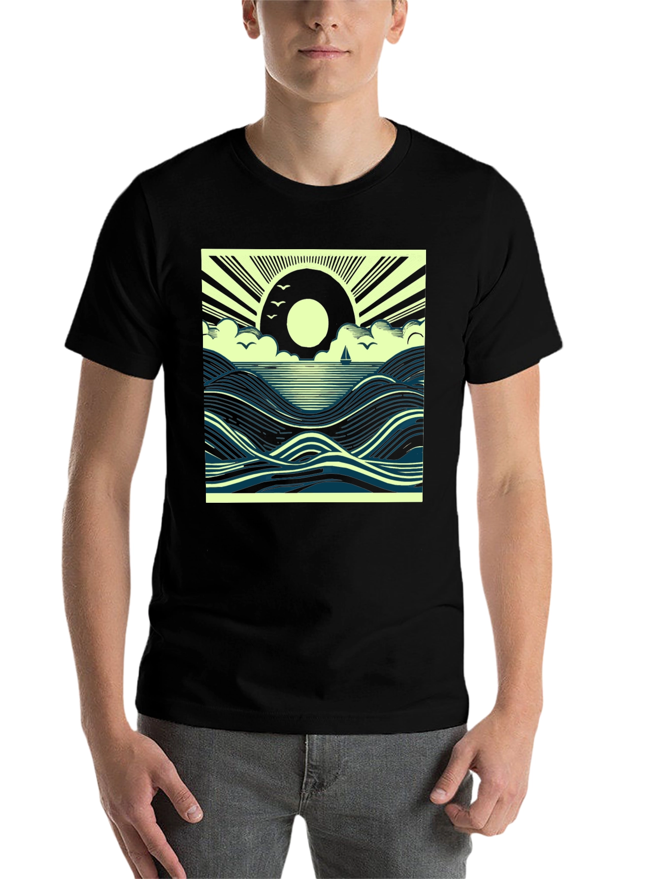 Black Ocean Sunrise Graphic Tee - Black Cotton T-Shirt view 7