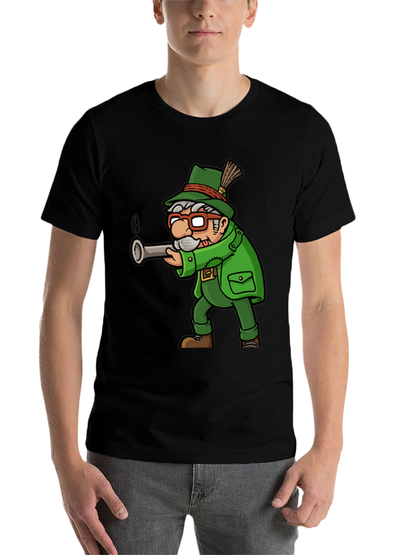 Black Cartoon Hunter Graphic Tee - Quirky Novelty Shirt view 7