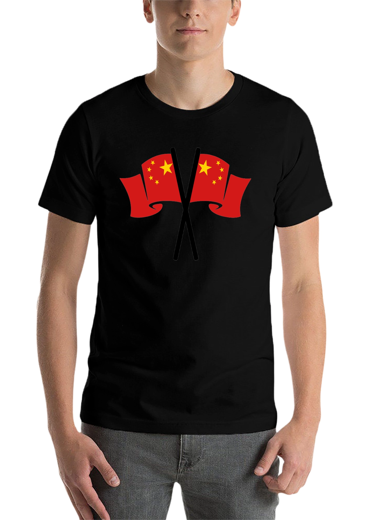 Black China Flag Graphic T-Shirt - Black Crew Neck Tee view 7