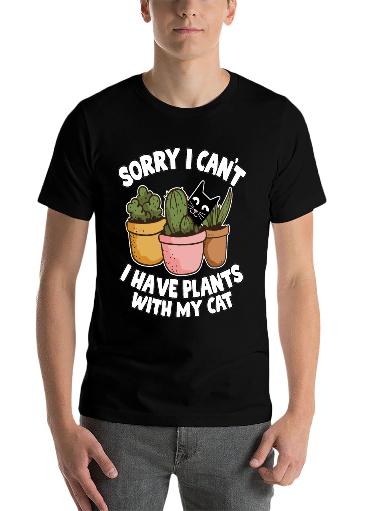 Black Funny Plants and Cat Graphic T-Shirt view 7