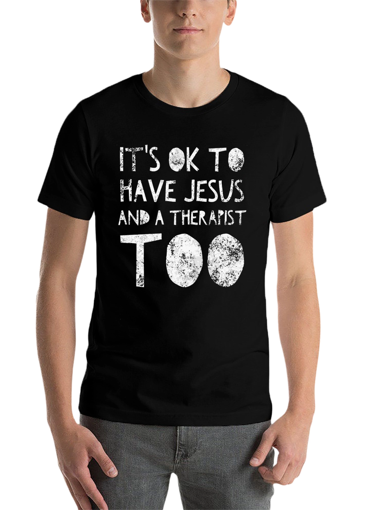 Black It's OK to Have Jesus and Therapist T-Shirt view 7
