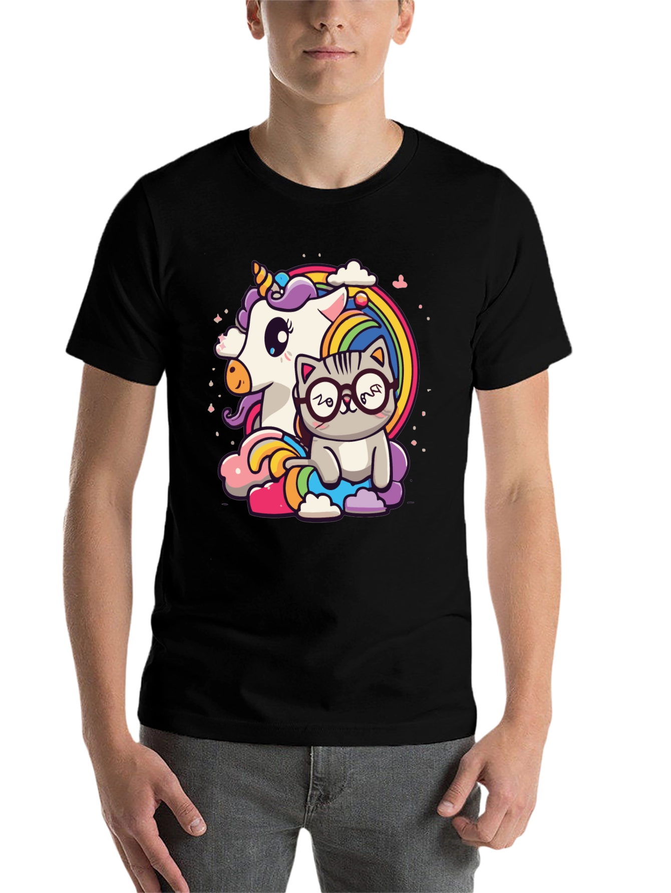 Black Unicorn Cat Rainbow Graphic Tee - Black view 7