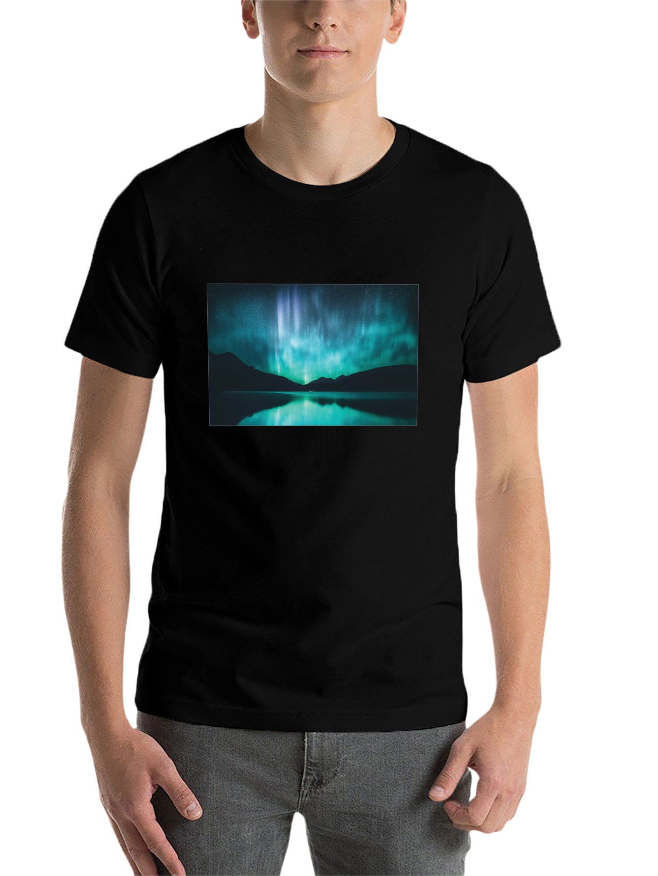 Black Aurora Borealis Graphic Tee - Midnight Lake view 7