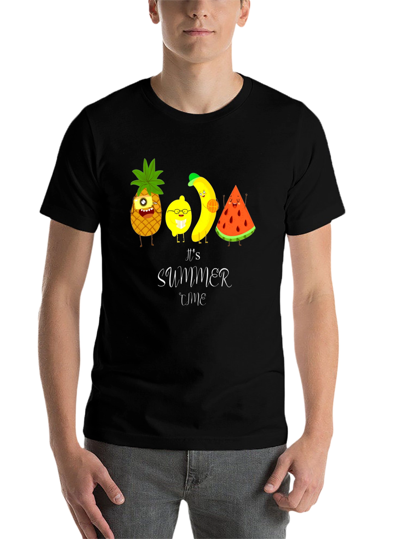 Black It's Summer Time Fruit Cartoon T-Shirt view 7