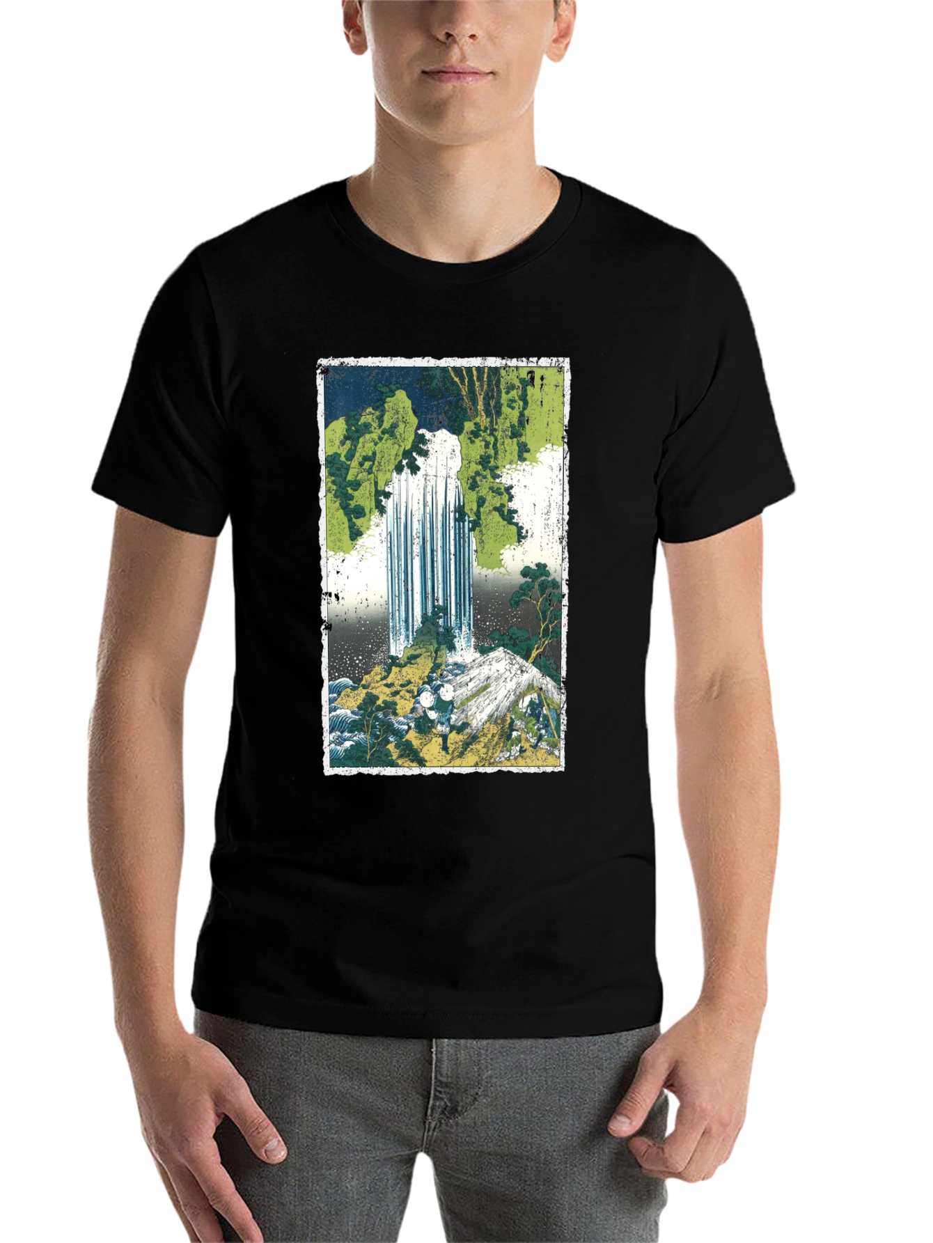 Black Waterfall Graphic Tee - Men's Black Cotton T-Shirt view 7