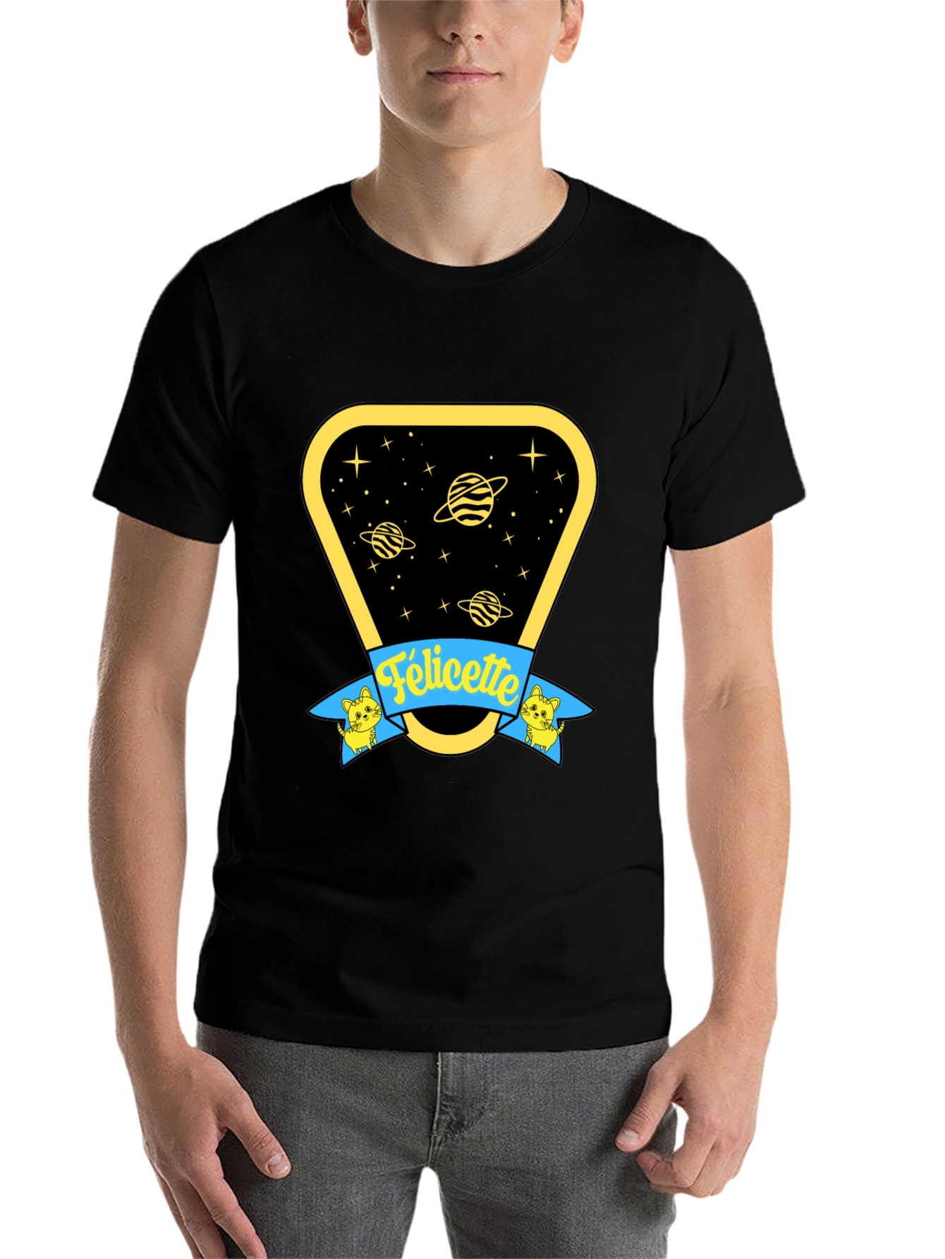 Black Felicette Cat Space T-Shirt - Unisex Cotton Tee view 7