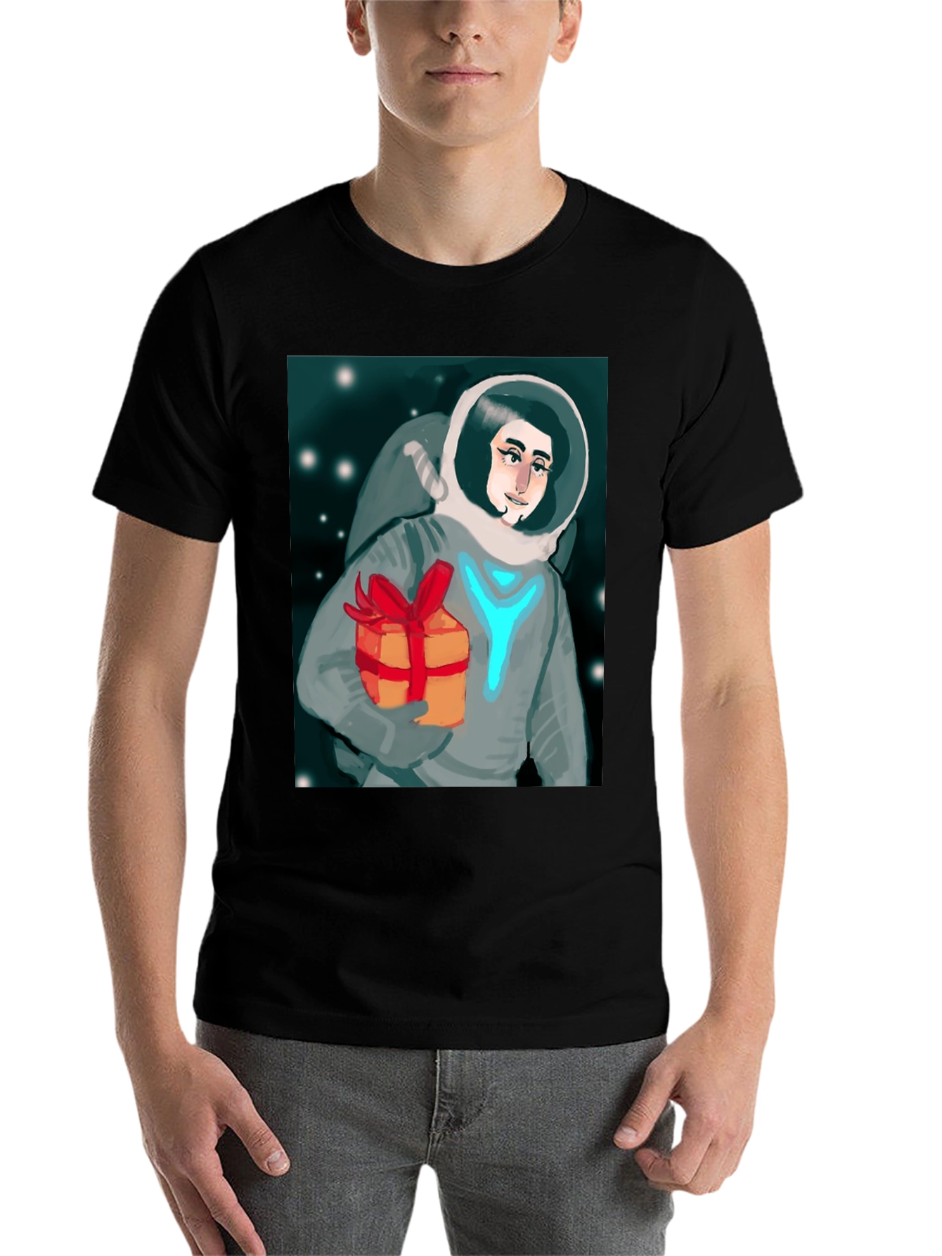 Black Astronaut with Gift Graphic Tee - Black Cotton T-Shirt view 7