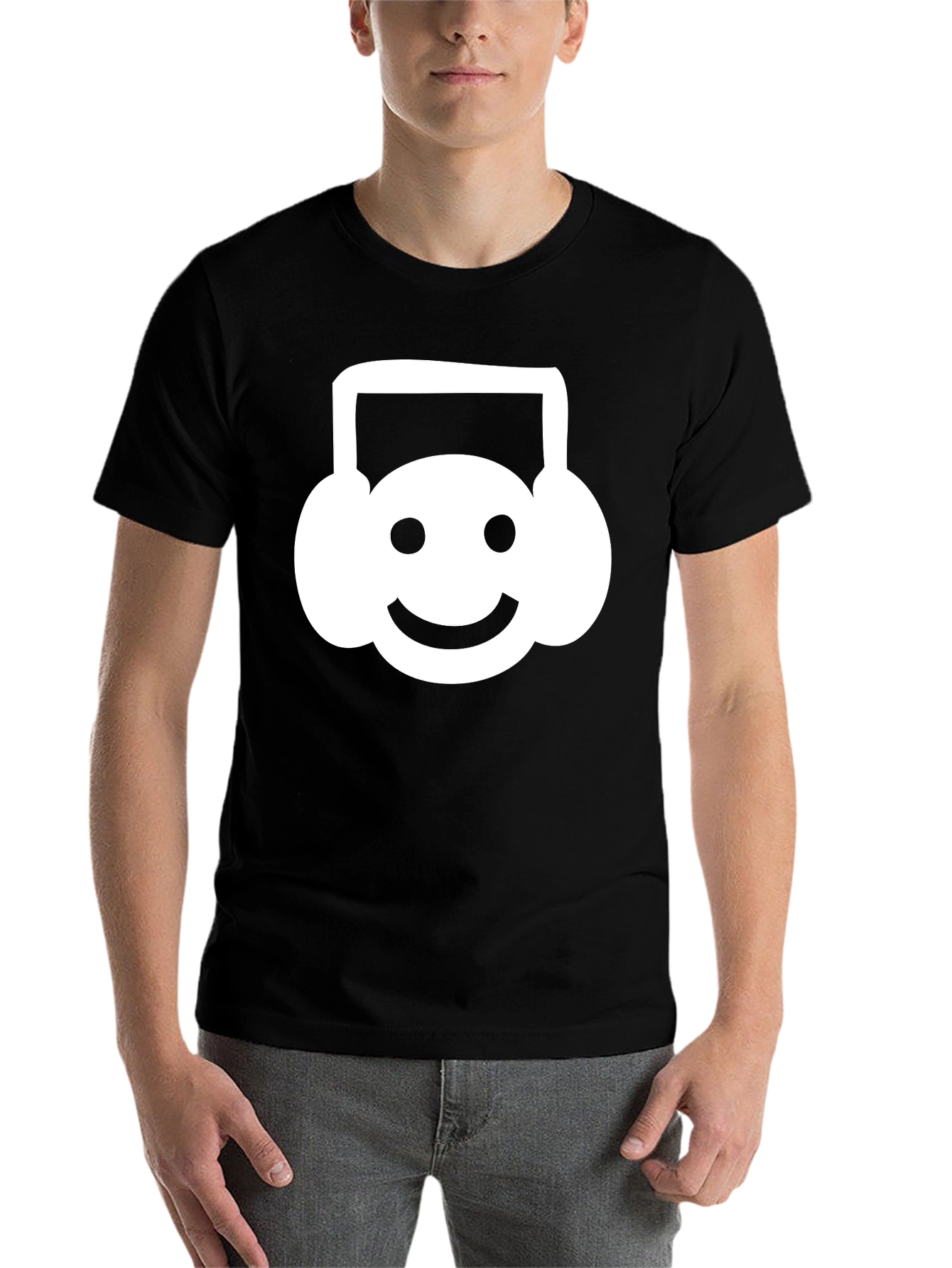 Black Smiley Headphone T-Shirt - Black Cotton Tee view 7