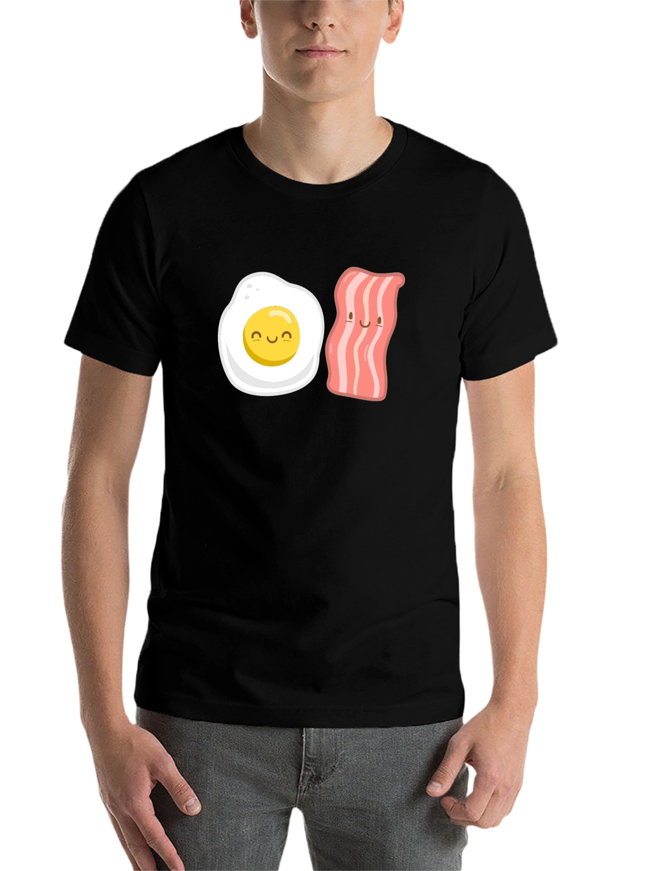 Black Funny Egg & Bacon Cartoon Graphic Tee - Black view 7