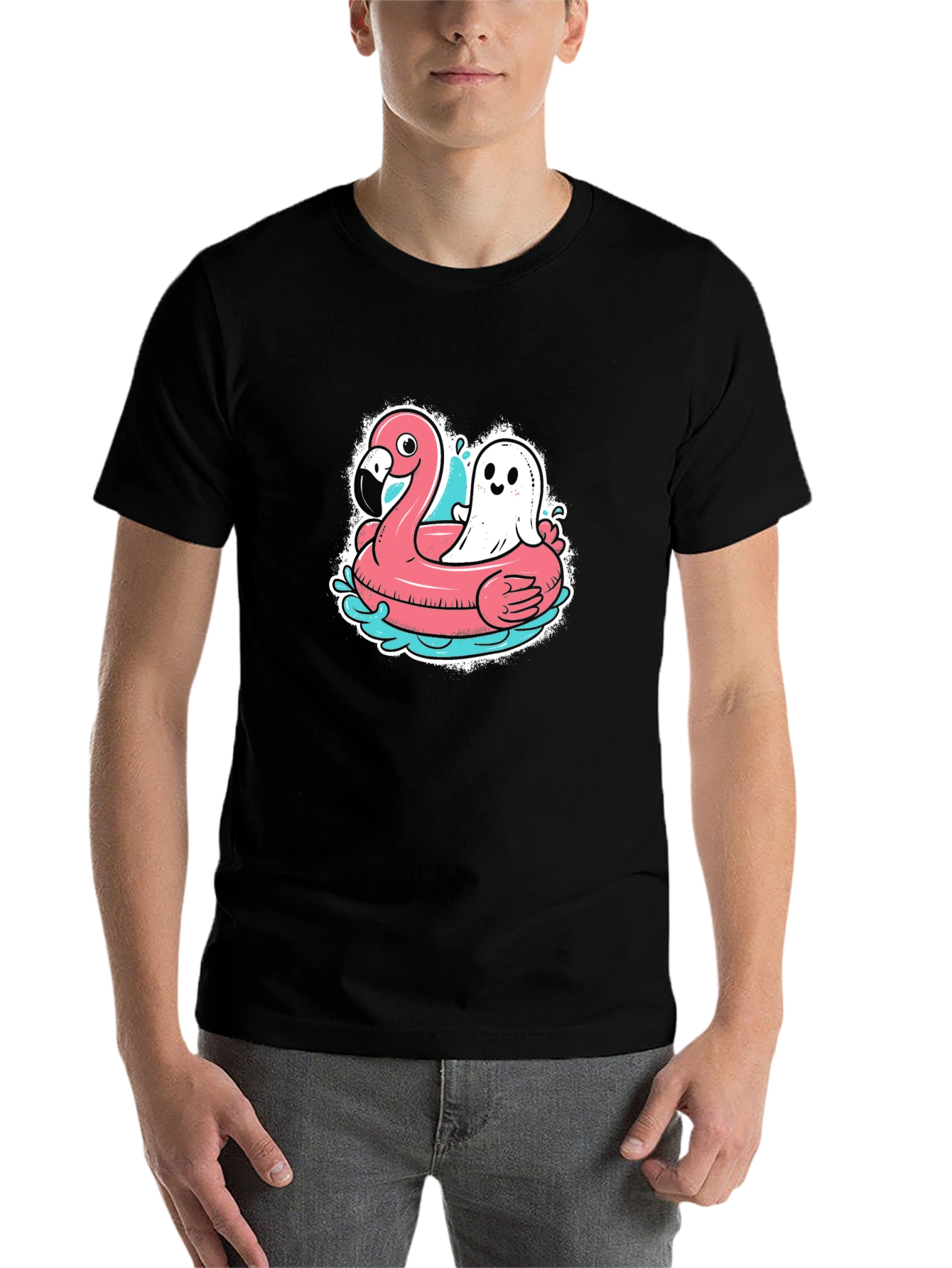 Black Ghost & Flamingo Float T-Shirt - Spooky Summer Vibes! view 7